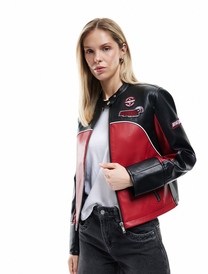  Uzun Kollu Renk Bloklu Cepli Fermuarlı Suni Deri Biker Ceket