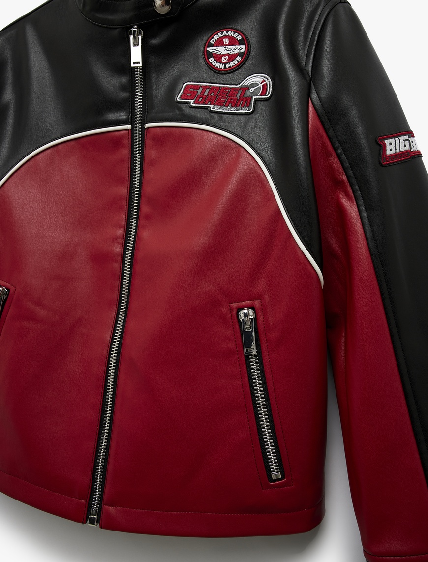   Uzun Kollu Renk Bloklu Cepli Fermuarlı Suni Deri Biker Ceket