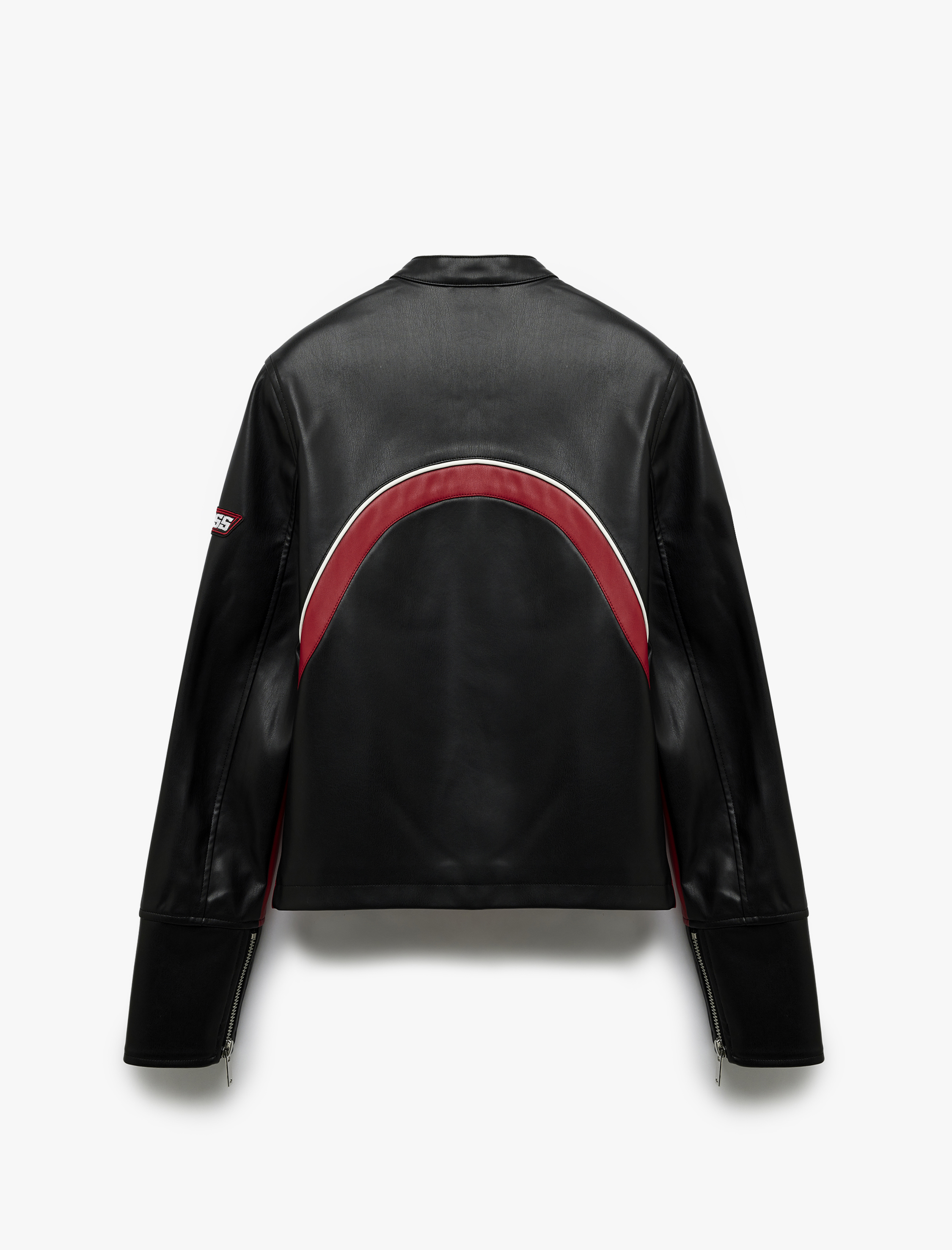   Uzun Kollu Renk Bloklu Cepli Fermuarlı Suni Deri Biker Ceket