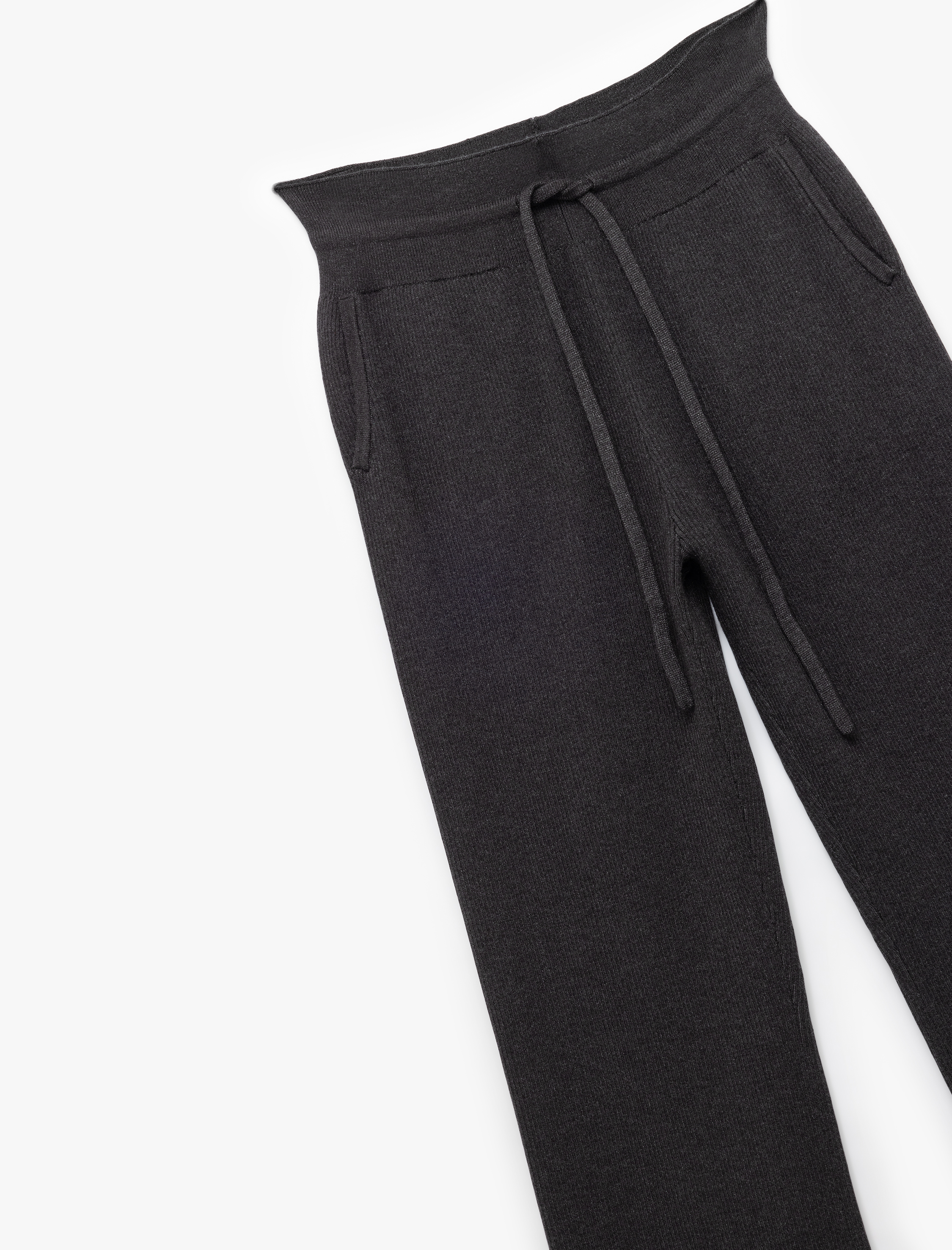   Beli Bağcıklı Cepli Yüksek Bel Düz Bol Paça Triko Pantolon