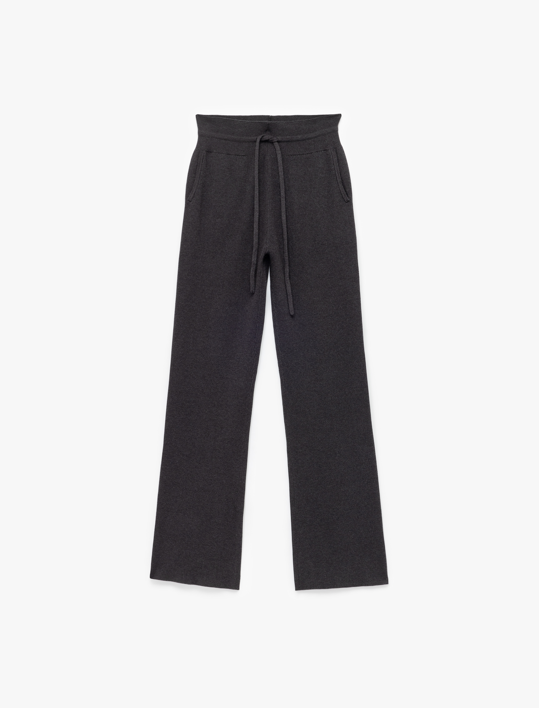   Beli Bağcıklı Cepli Yüksek Bel Düz Bol Paça Triko Pantolon