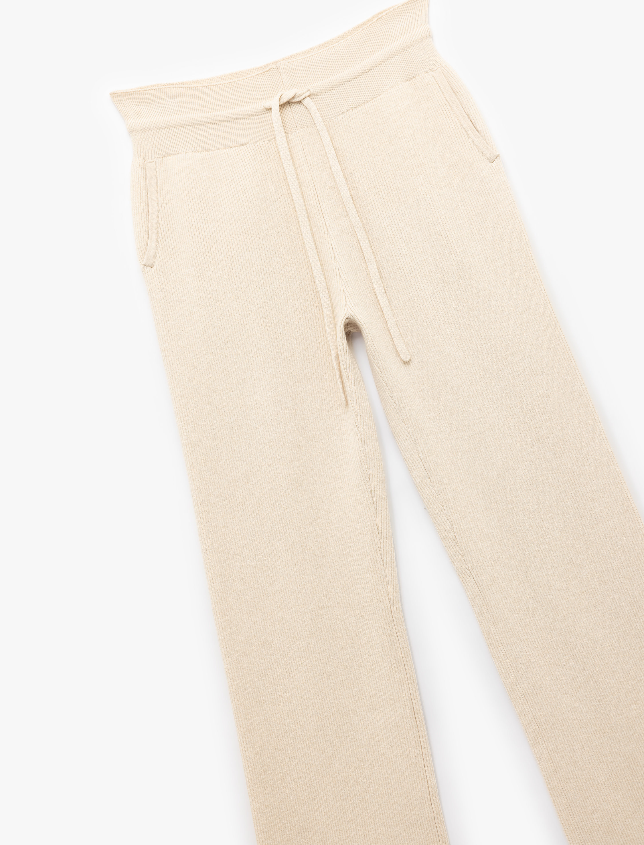   Beli Bağcıklı Cepli Yüksek Bel Düz Bol Paça Triko Pantolon