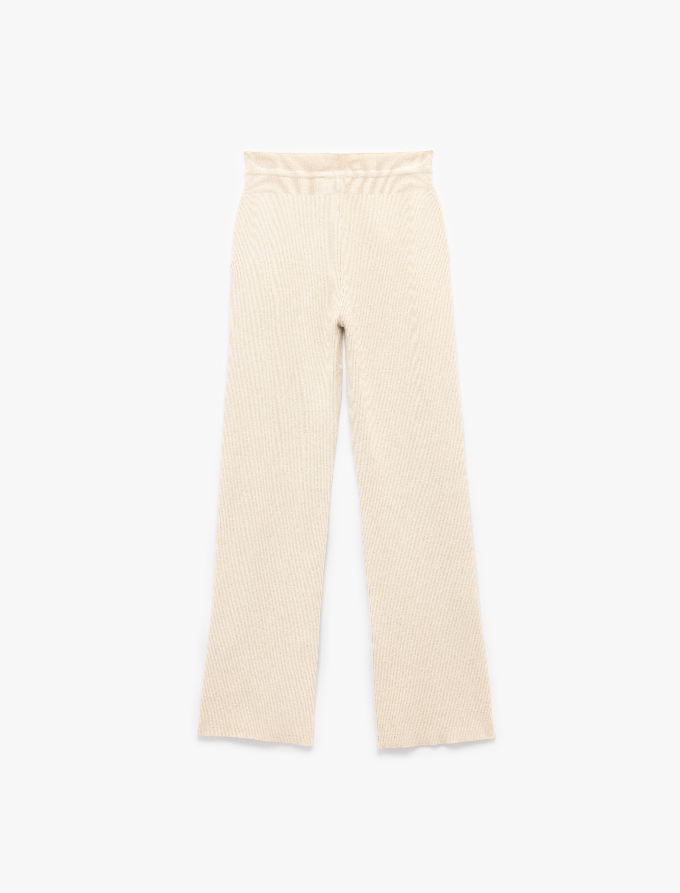   Beli Bağcıklı Cepli Yüksek Bel Düz Bol Paça Triko Pantolon