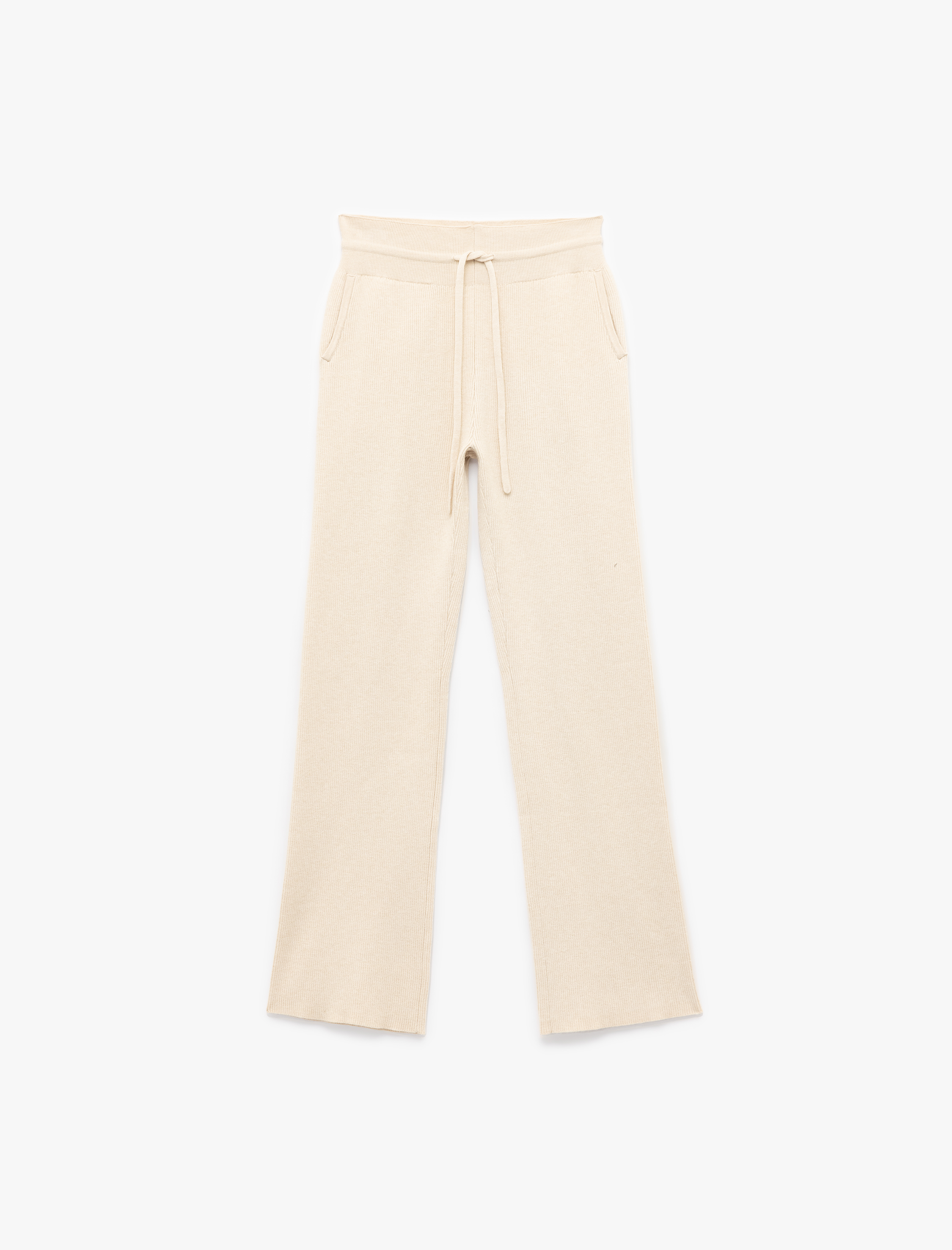   Beli Bağcıklı Cepli Yüksek Bel Düz Bol Paça Triko Pantolon