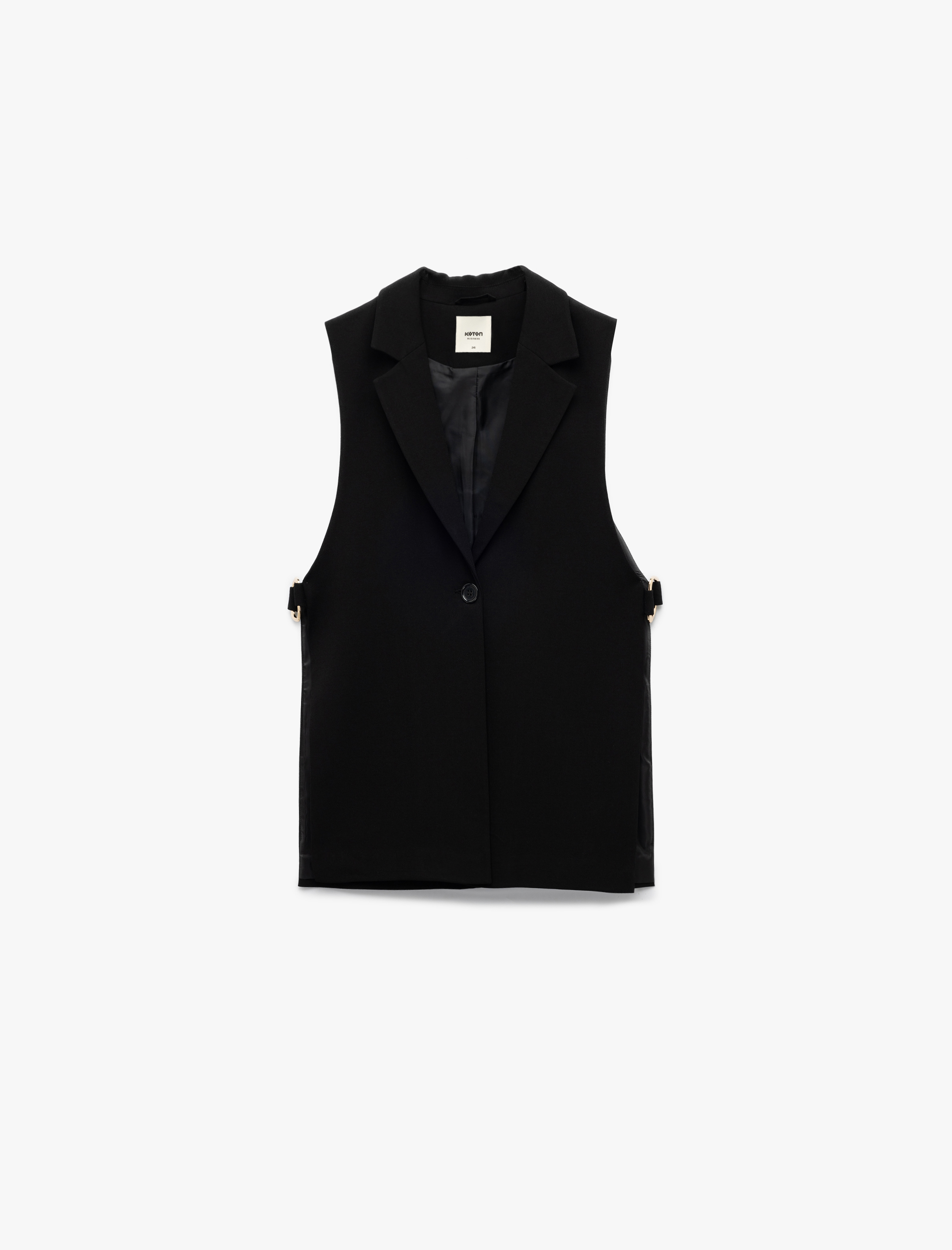   Krep Kumaş Aksesuarlı Yandan Pencere Detaylı V Yaka Düğmeli  Uzun Yelek