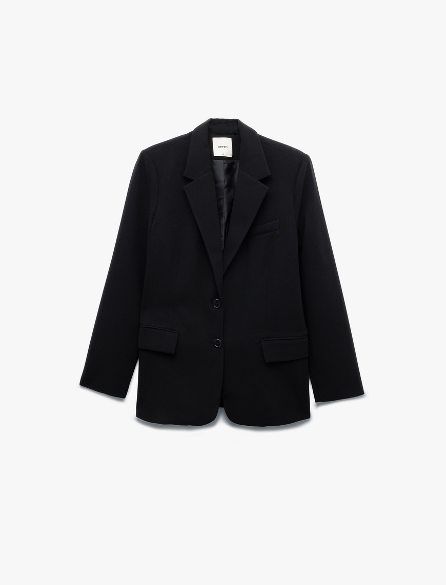   Krep Kumaş Cepli Düğmeli Uzun Kollu Kruvaze Oversize Blazer Ceket