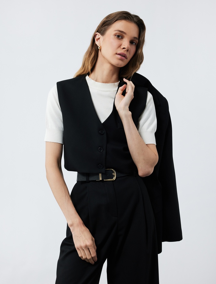 Düğmeli V Yaka Kolsuz Crop Blazer Yelek