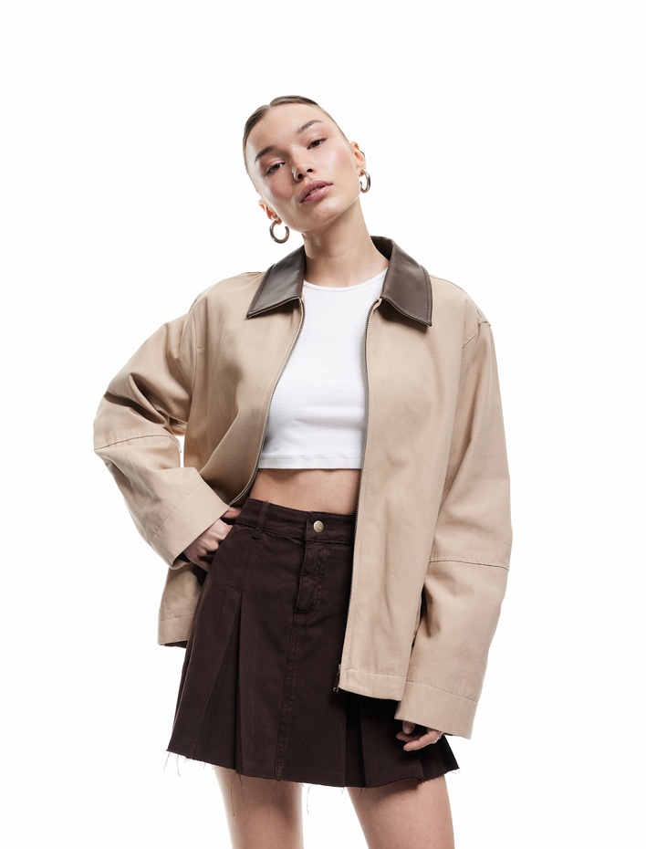  Pamuklu Kalın Pileli Düğmeli Mini Denim Etek