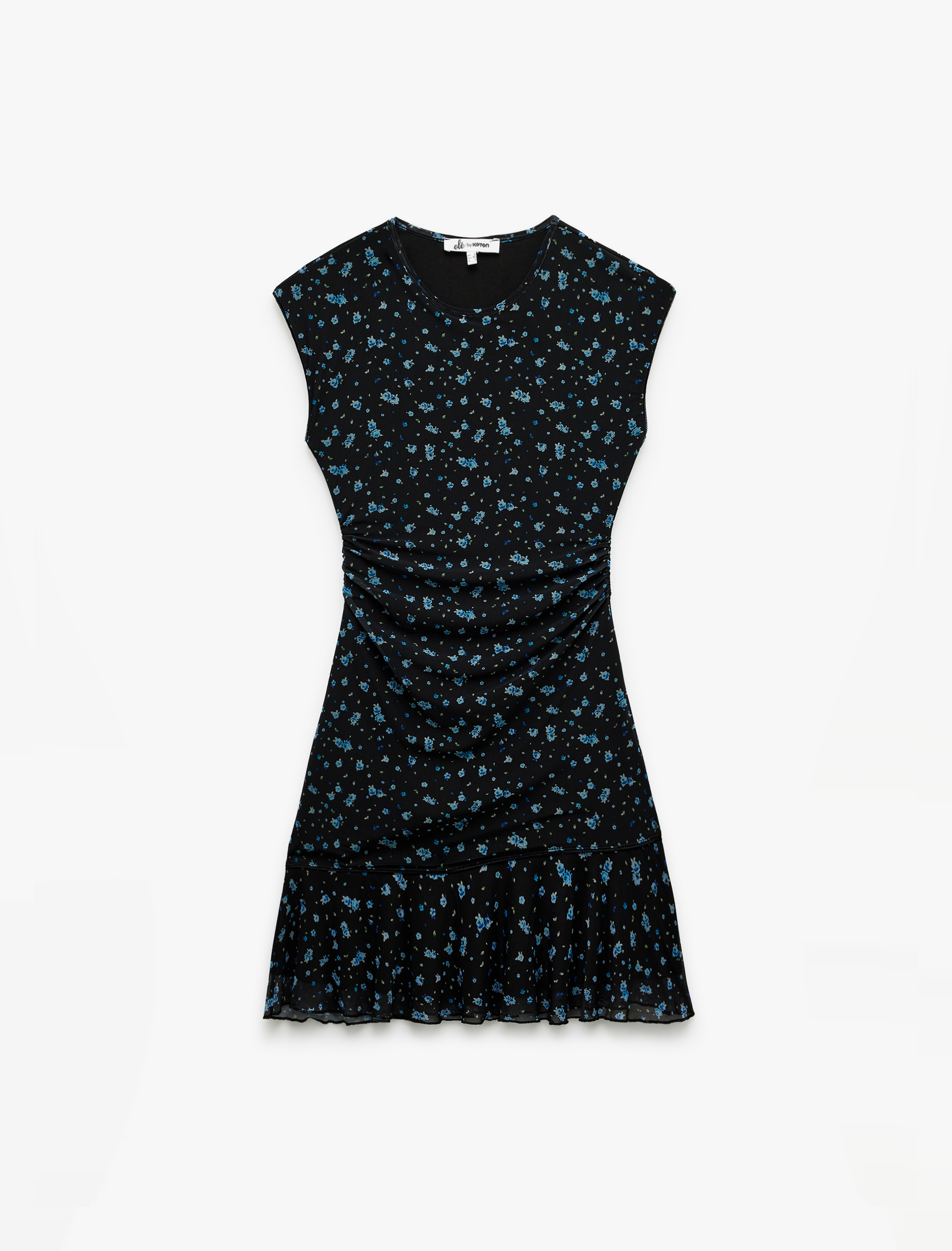   Kolsuz Bisiklet Yaka Drapeli Astarlı Çiçekli Tül Mini Elbise