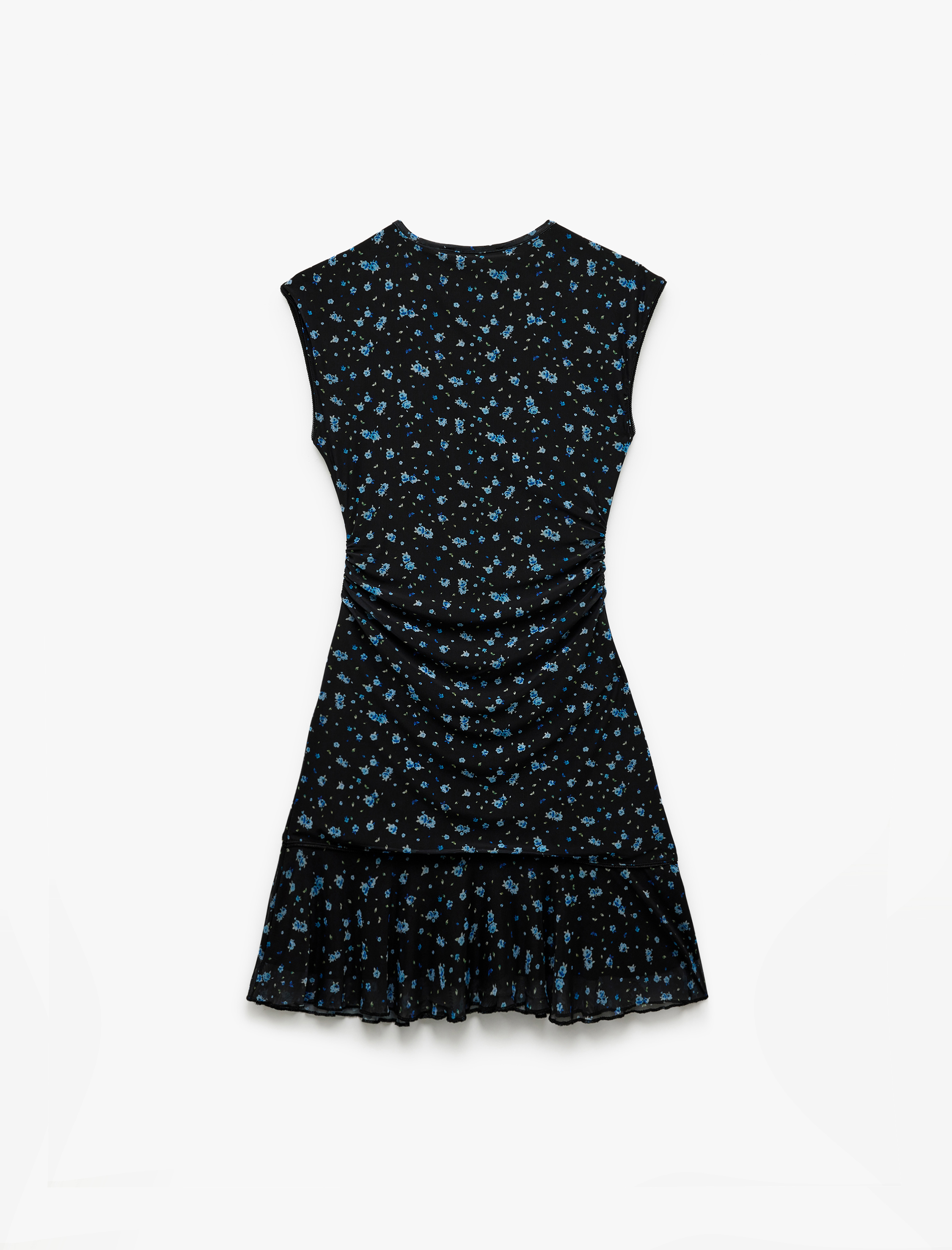   Kolsuz Bisiklet Yaka Drapeli Astarlı Çiçekli Tül Mini Elbise