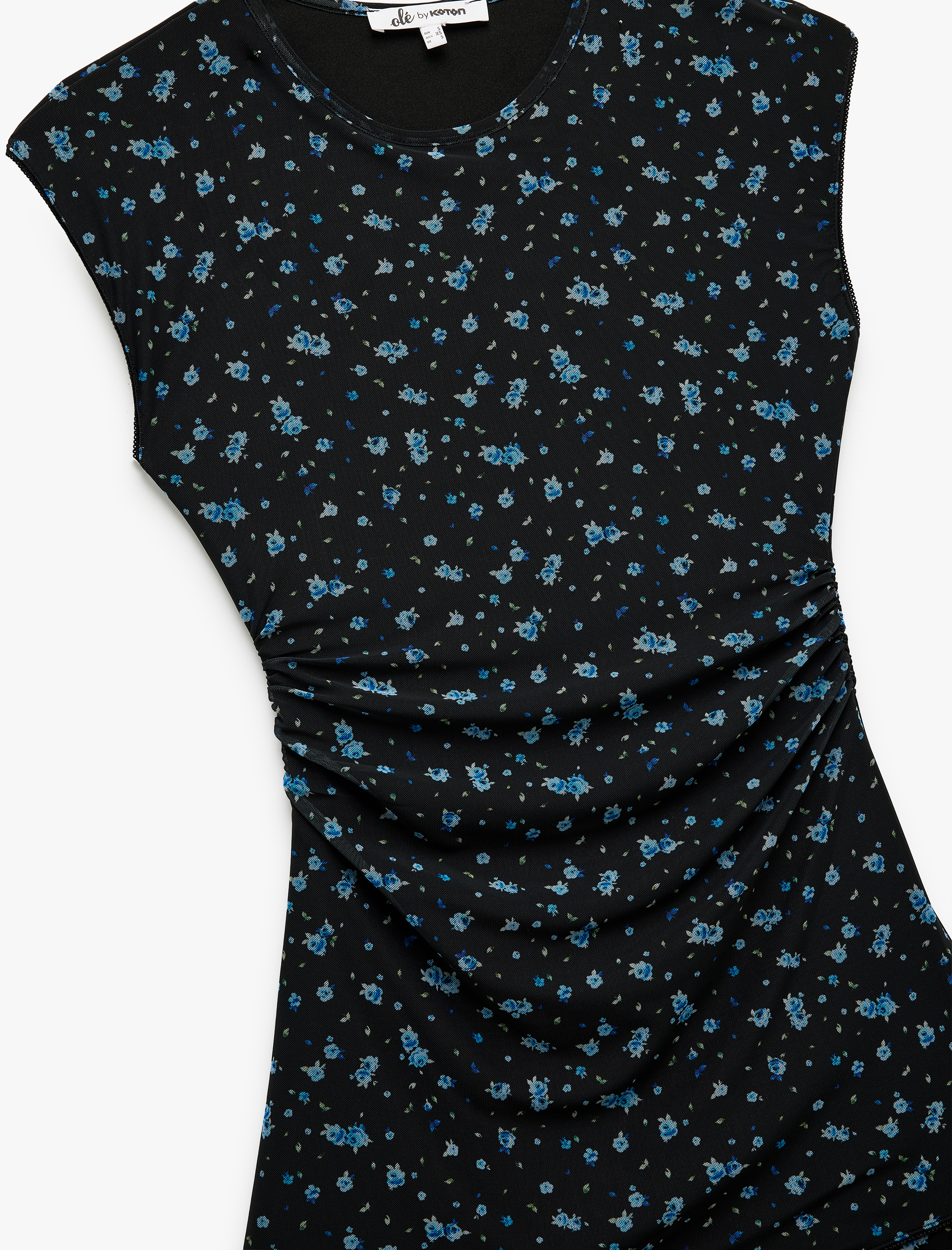   Kolsuz Bisiklet Yaka Drapeli Astarlı Çiçekli Tül Mini Elbise