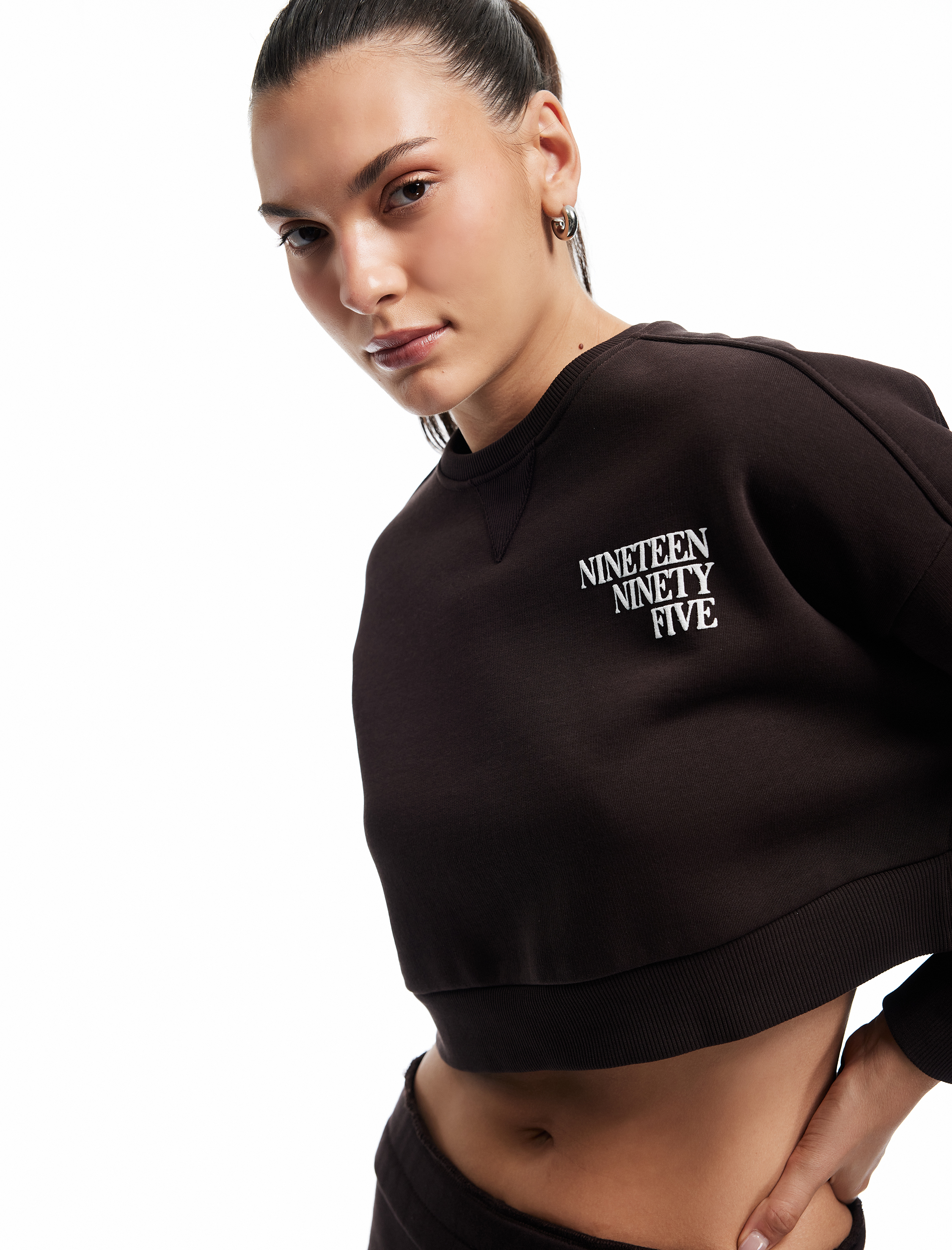   Baskılı Uzun Kollu Bisiklet Yaka Şardonlu Oversize Crop Sweatshirt