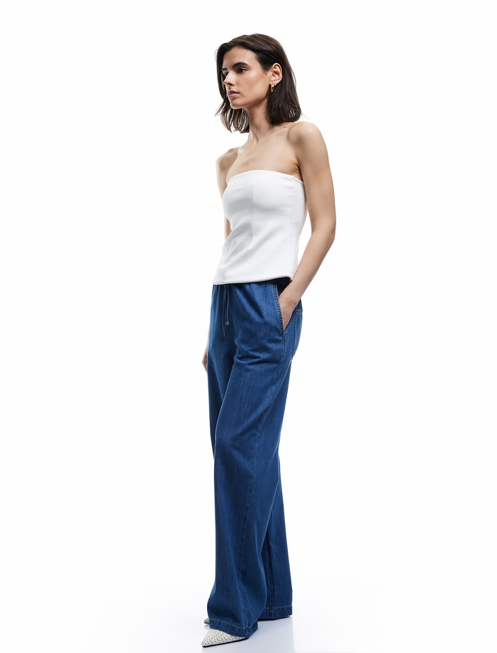  Beli Bağcıklı Pamuklu Düz Paça Cepli Jean Pantolon - Straight Jeans