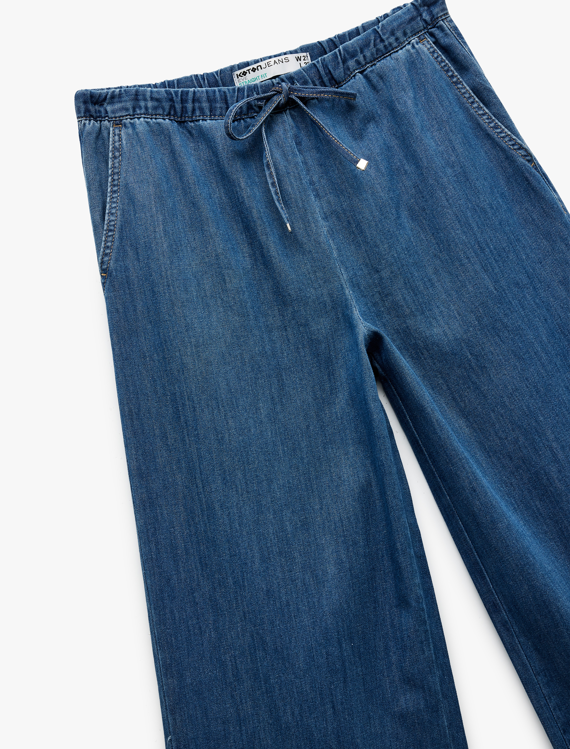   Beli Bağcıklı Pamuklu Düz Paça Cepli Jean Pantolon - Straight Jeans