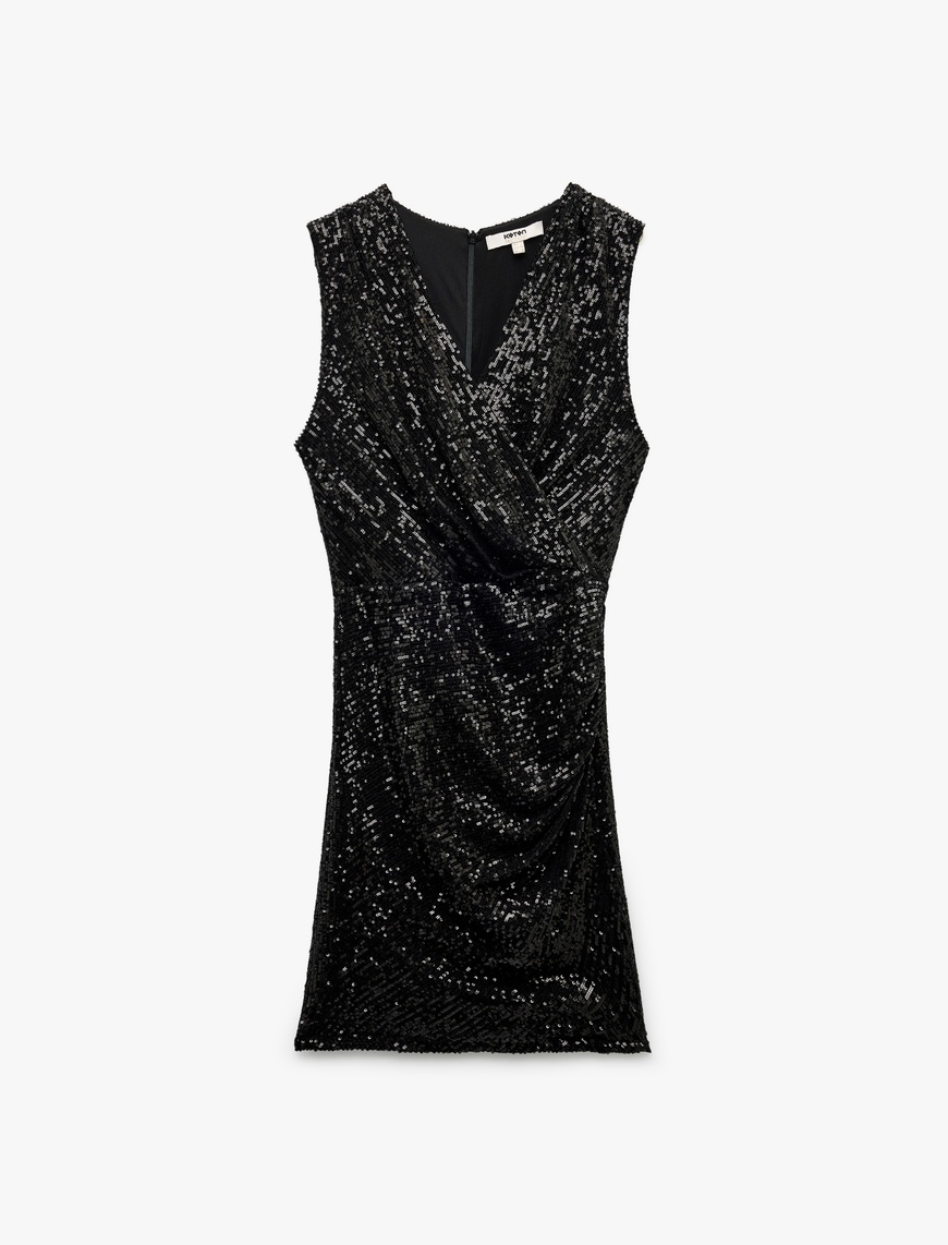   Kruvaze Yaka Kolsuz Pullu Payetli Bodycon Mini Abiye Elbise