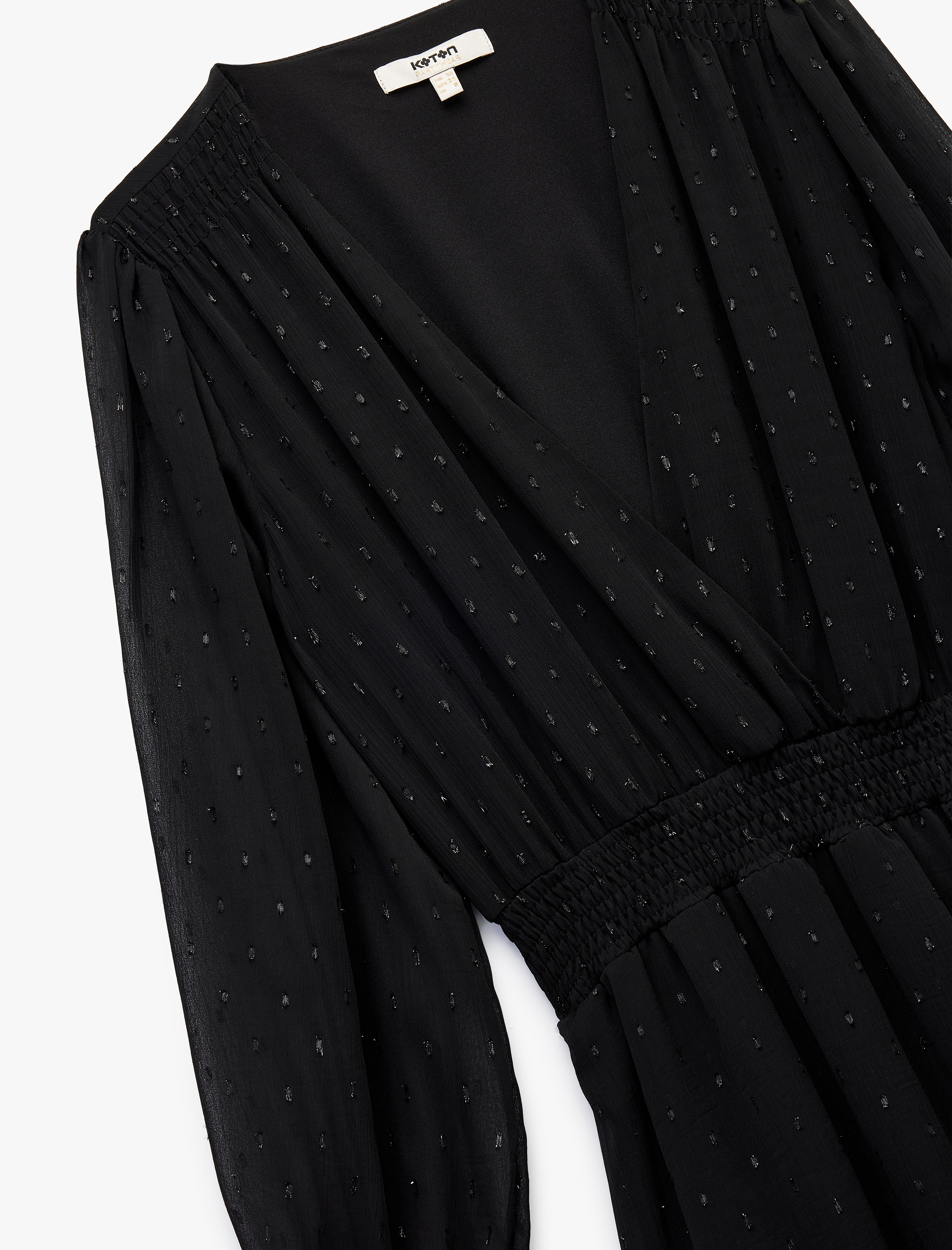   Uzun Kollu Kruvaze Yaka Dokulu Katlı Gipeli Şifon Mini Elbise