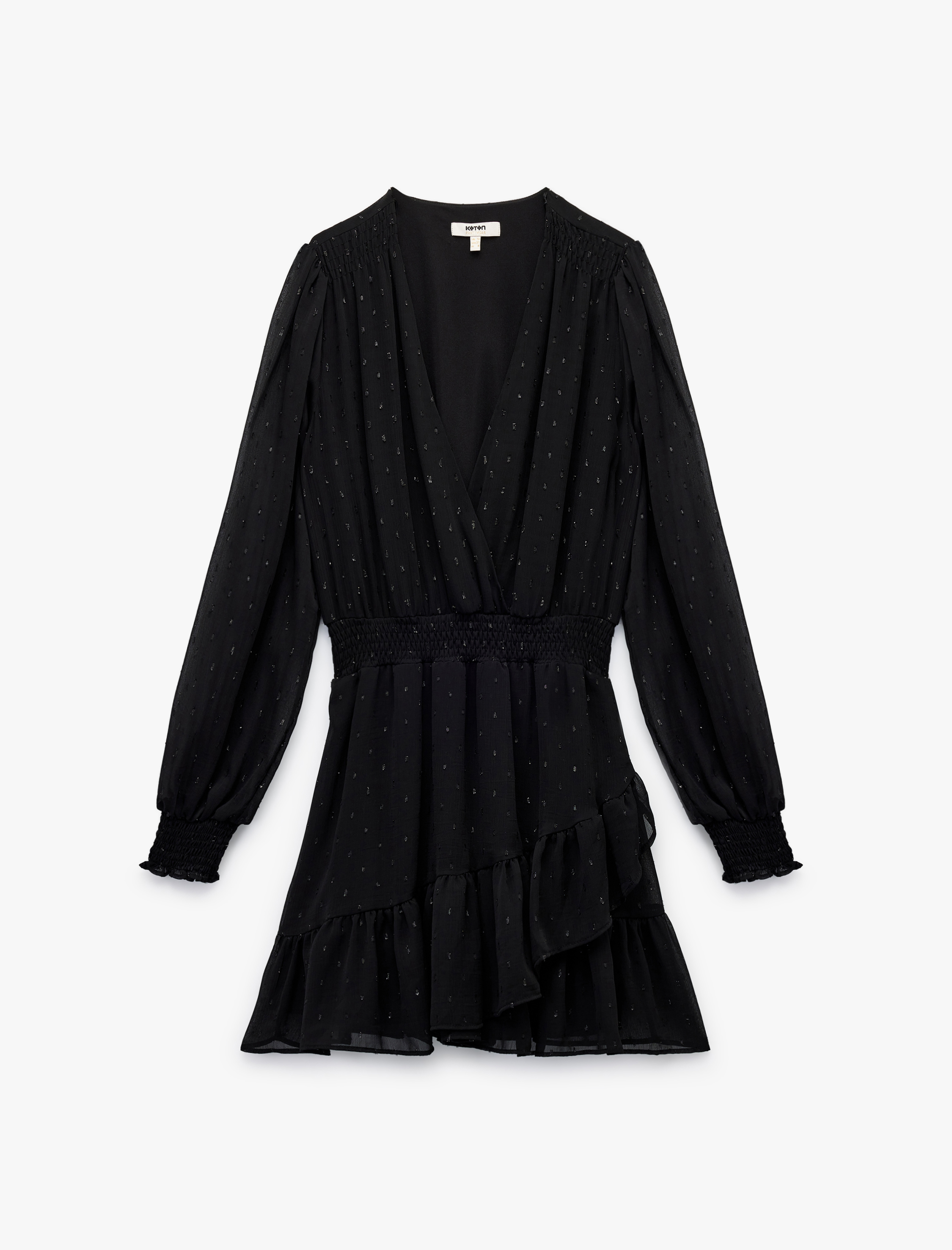   Uzun Kollu Kruvaze Yaka Dokulu Katlı Gipeli Şifon Mini Elbise