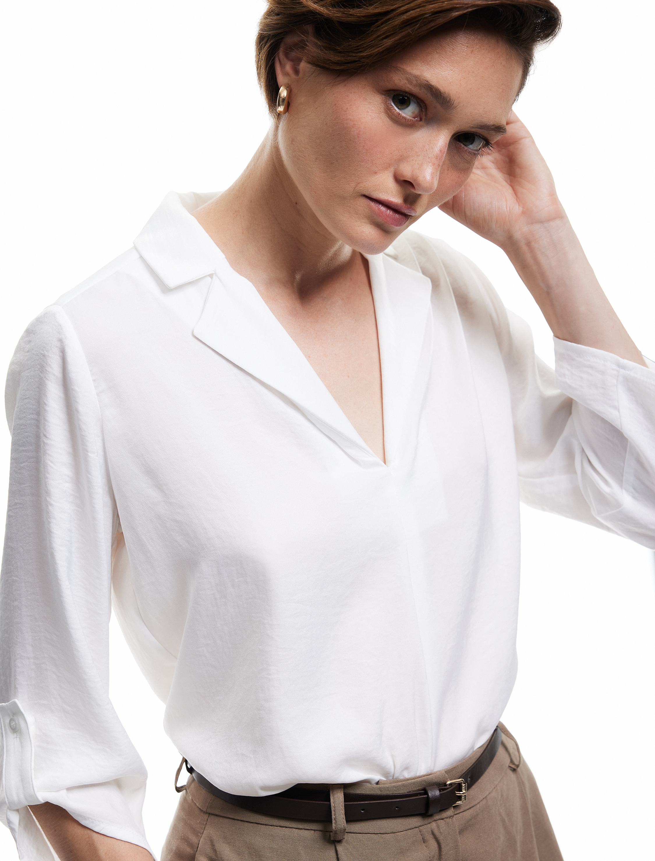   Ceket Yaka Katlama Detaylı 3/4 Kollu Saten Bluz