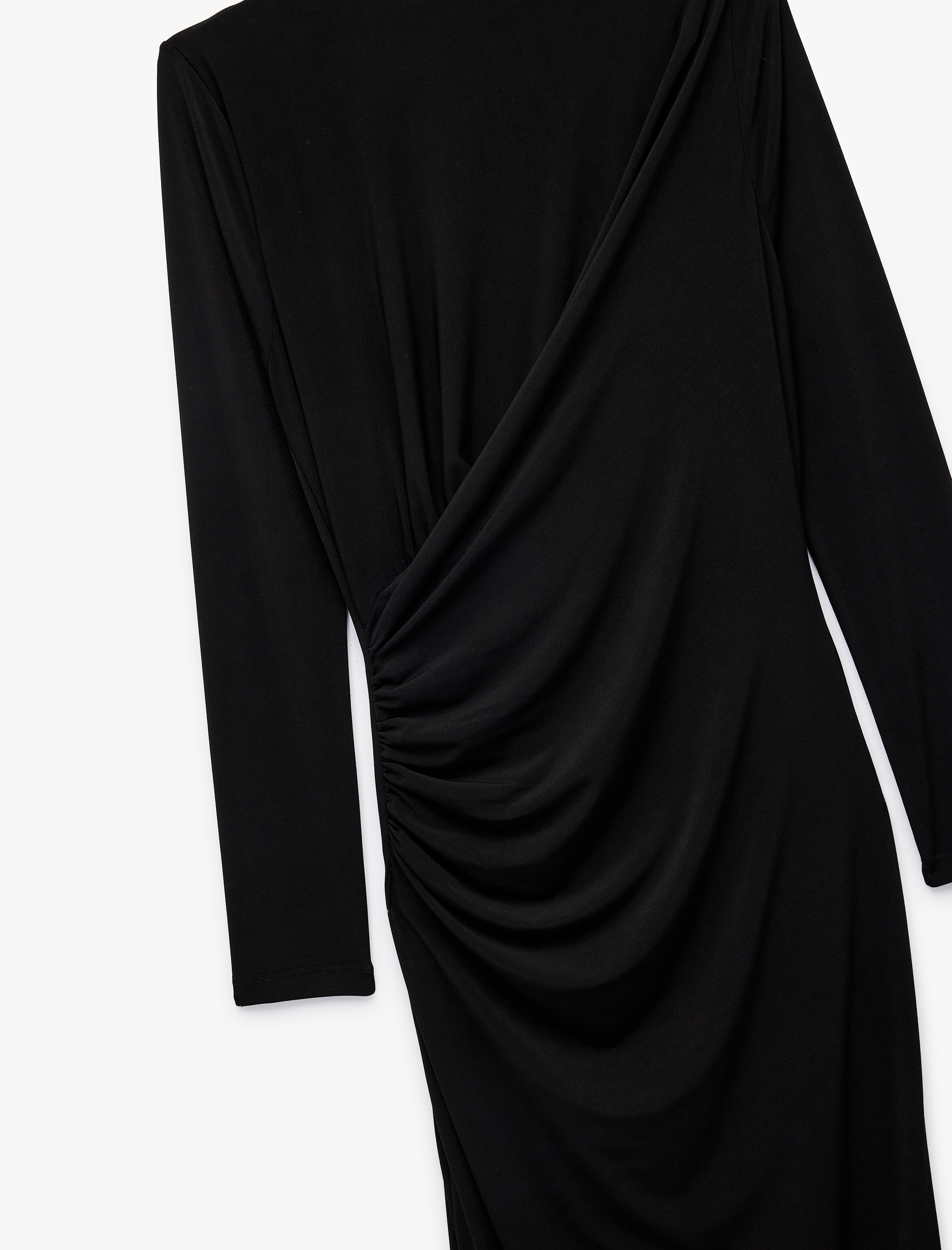   Sandy Kumaş Hafif Dik Yaka Drapeli Uzun Kollu Midi Kalem Elbise