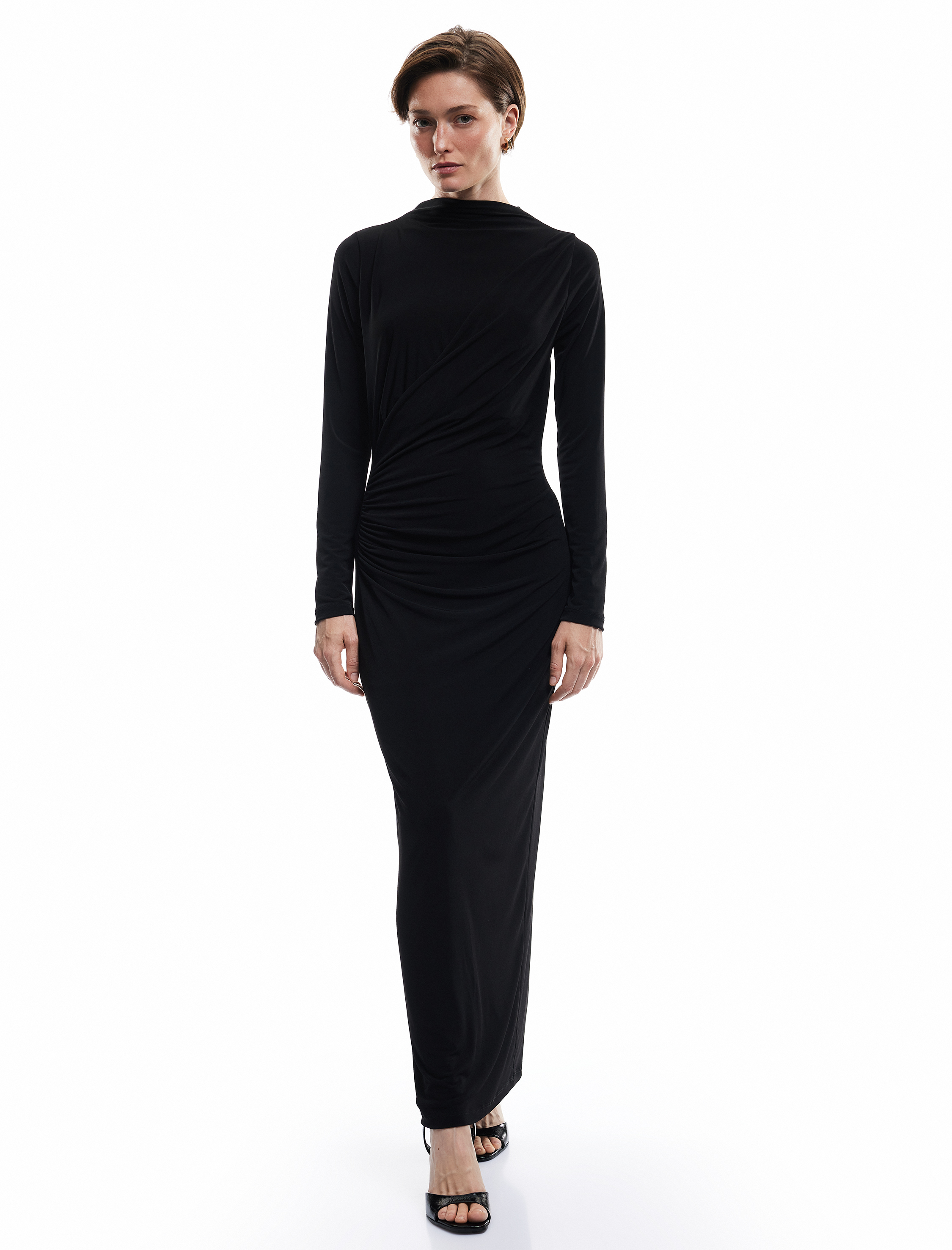   Sandy Kumaş Hafif Dik Yaka Drapeli Uzun Kollu Midi Kalem Elbise