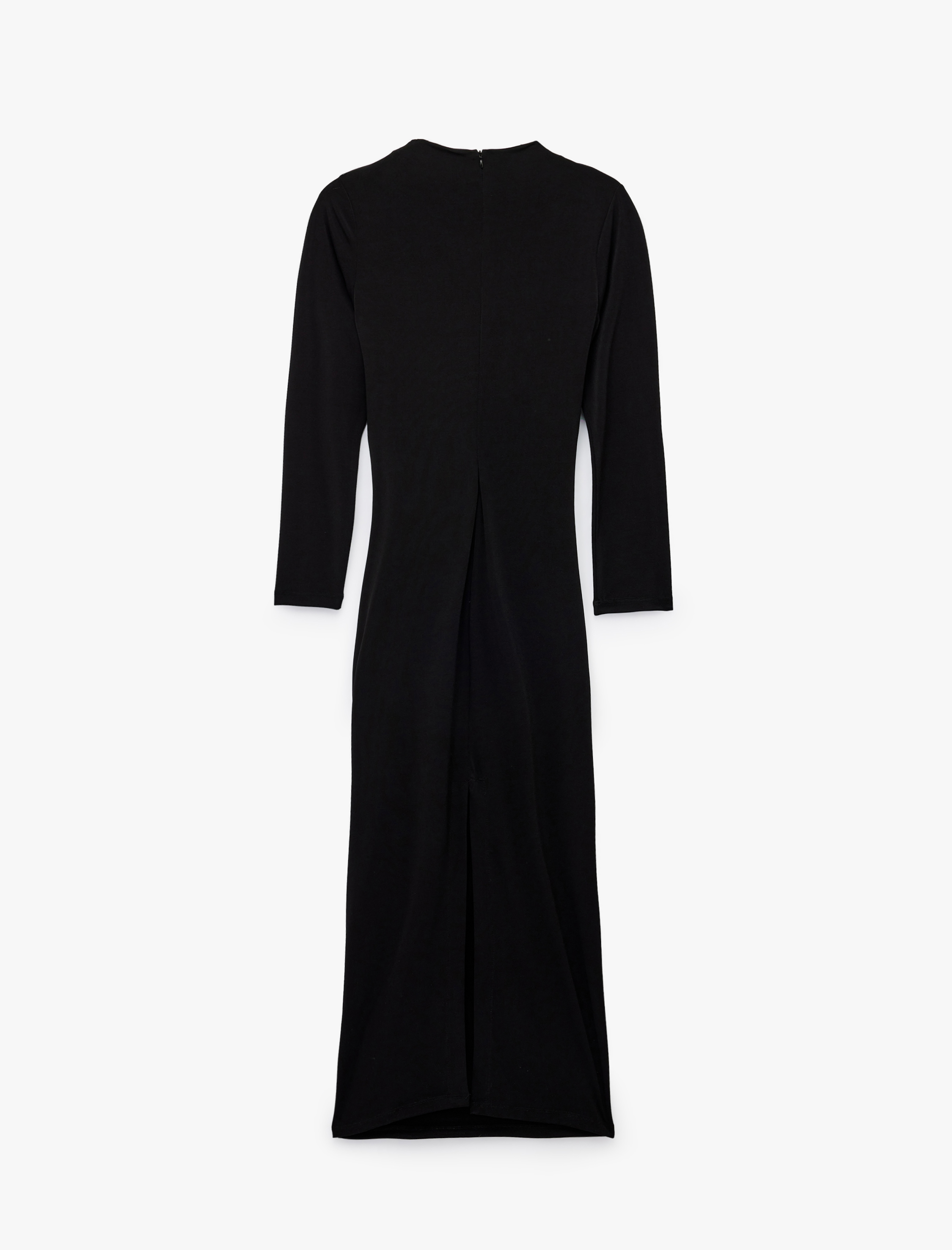   Sandy Kumaş Hafif Dik Yaka Drapeli Uzun Kollu Midi Kalem Elbise