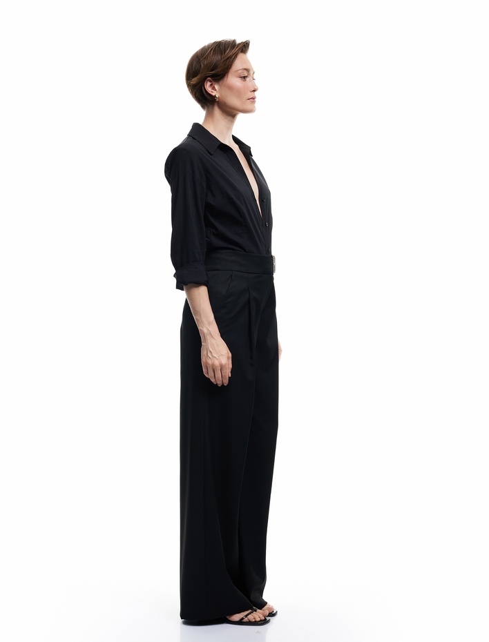  Rahat Kalıp Cepli Kemerli Geniş Paça Kumaş Pantolon