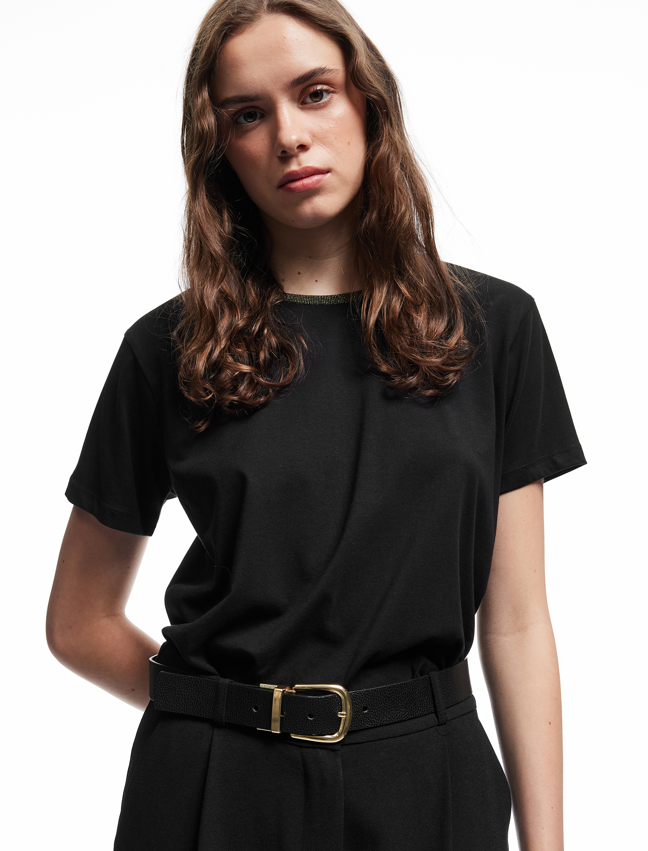   Pamuklu Kısa Kollu Parıltılı Biyeli Bisiklet Yaka Tişört