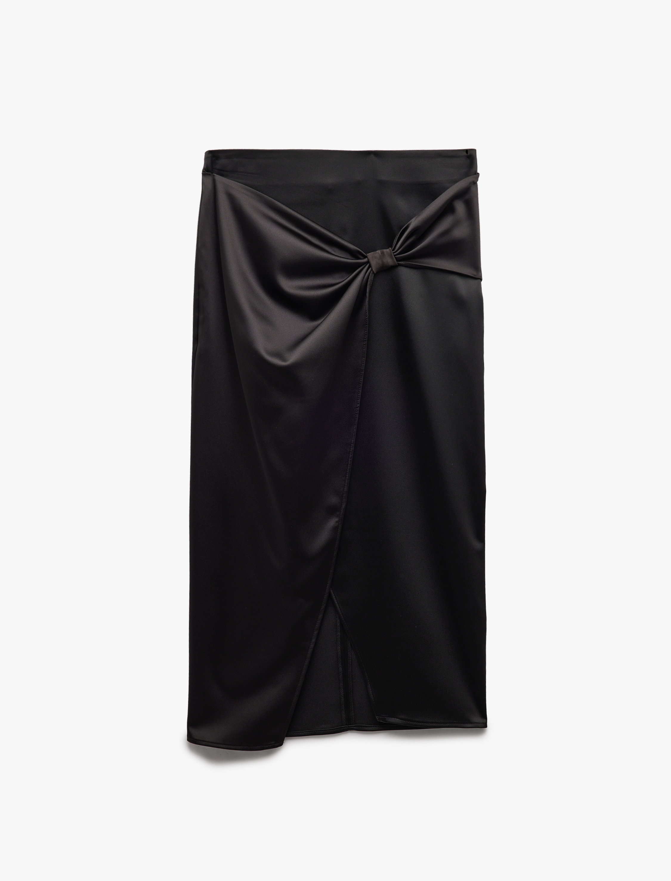   Kruvaze Yırtmaç Detaylı Slim Fit Saten Midi Etek