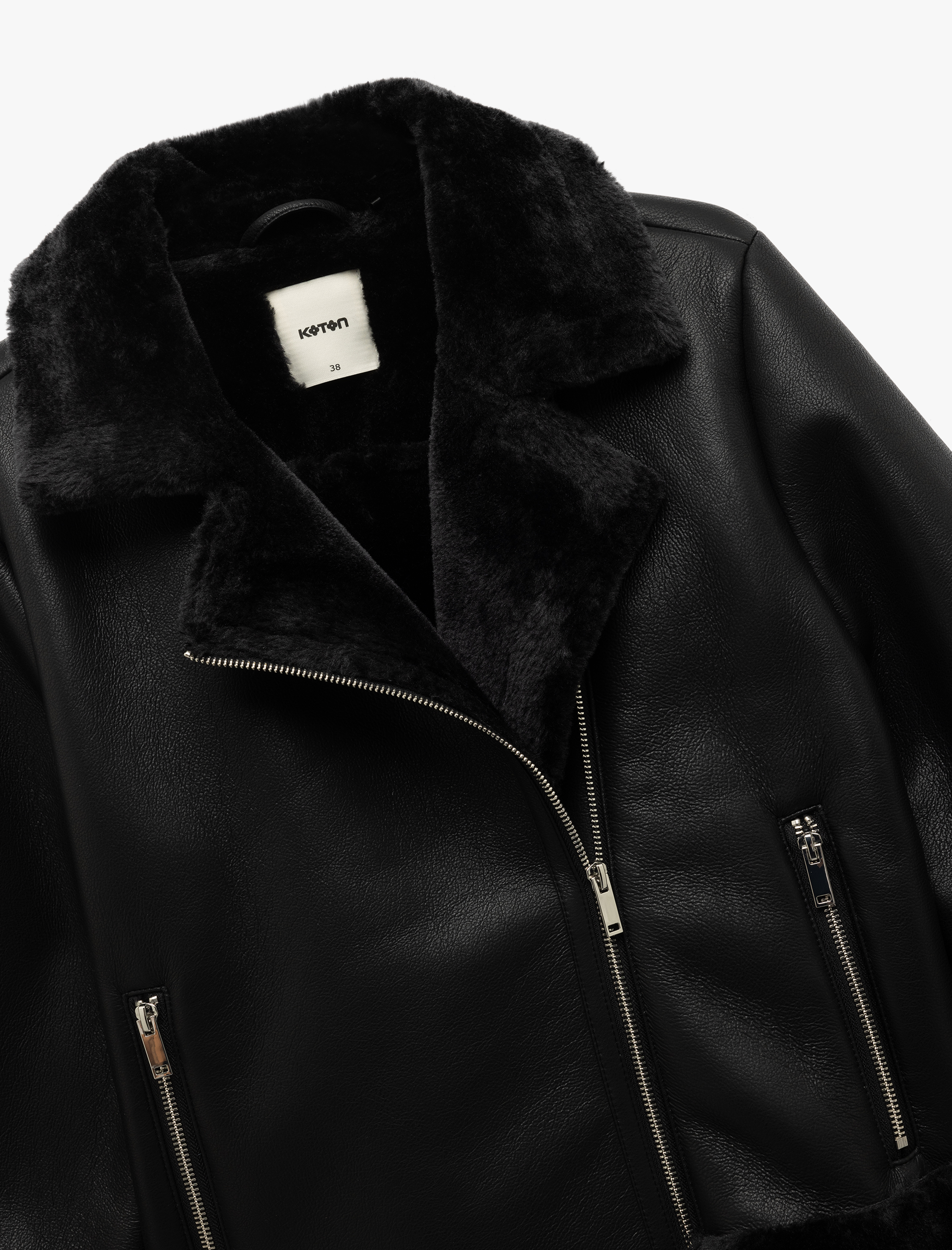   Uzun Kollu Fermuarlı Suni Kürk Astarlı Kruvaze Suni Deri Biker Crop Ceket