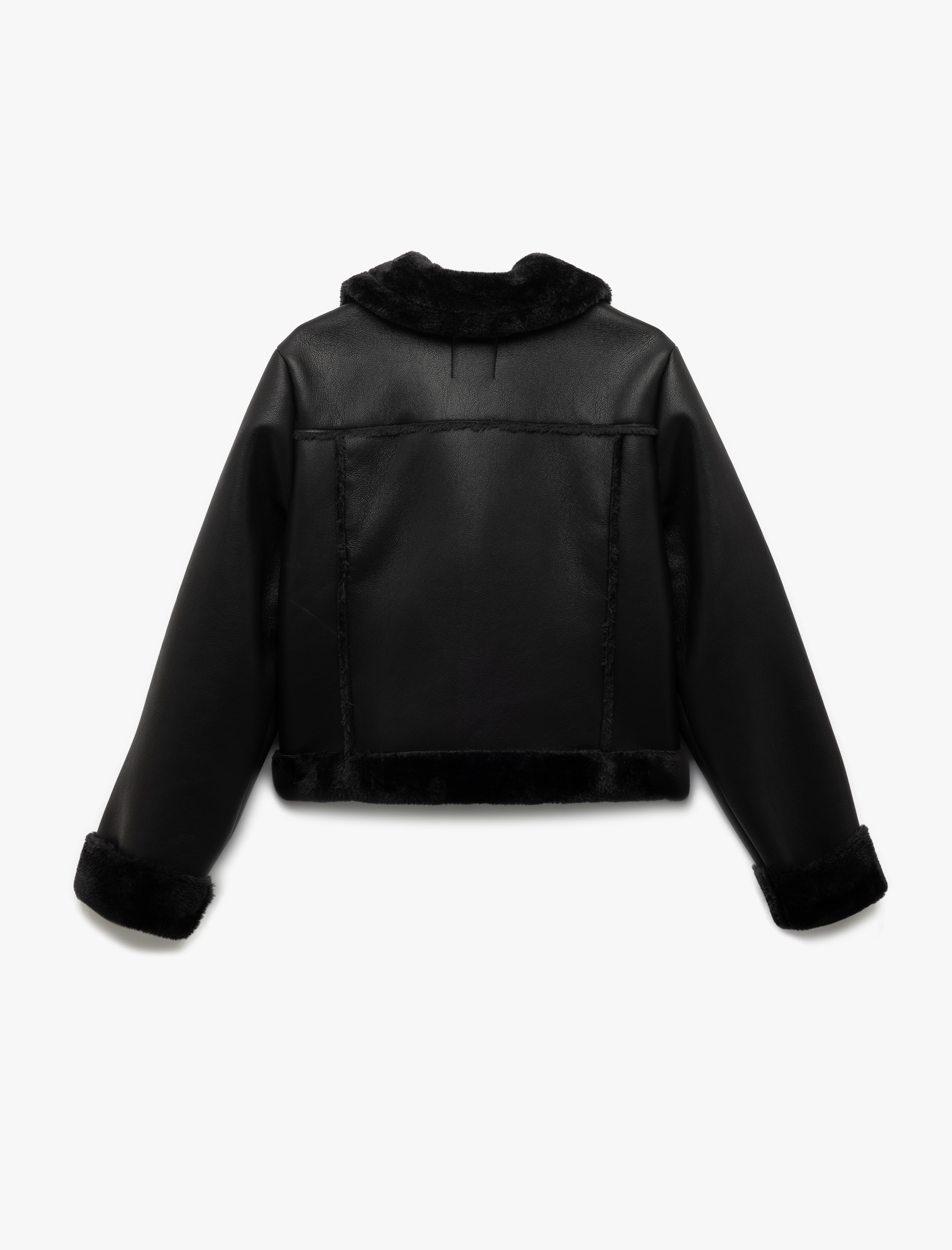   Uzun Kollu Fermuarlı Suni Kürk Astarlı Kruvaze Suni Deri Biker Crop Ceket