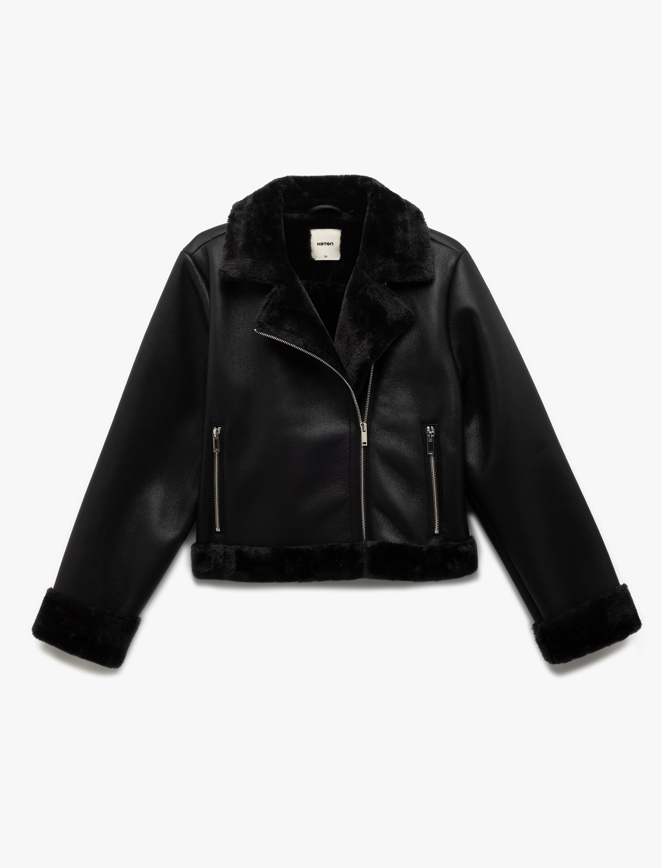   Uzun Kollu Fermuarlı Suni Kürk Astarlı Kruvaze Suni Deri Biker Crop Ceket