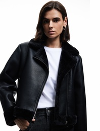 Uzun Kollu Fermuarlı Suni Kürk Astarlı Kruvaze Suni Deri Biker Crop Ceket