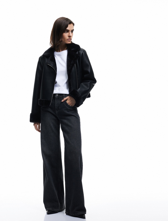  Uzun Kollu Fermuarlı Suni Kürk Astarlı Kruvaze Suni Deri Biker Crop Ceket