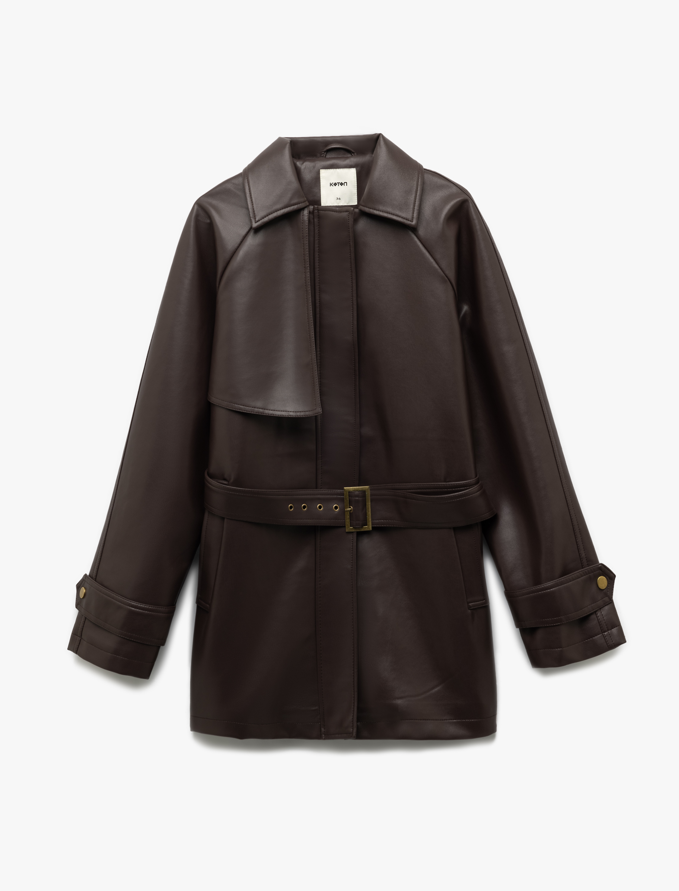   Rüzgar Kapak Detaylı Cepli Kemerli Uzun Kollu Suni Deri Ceket