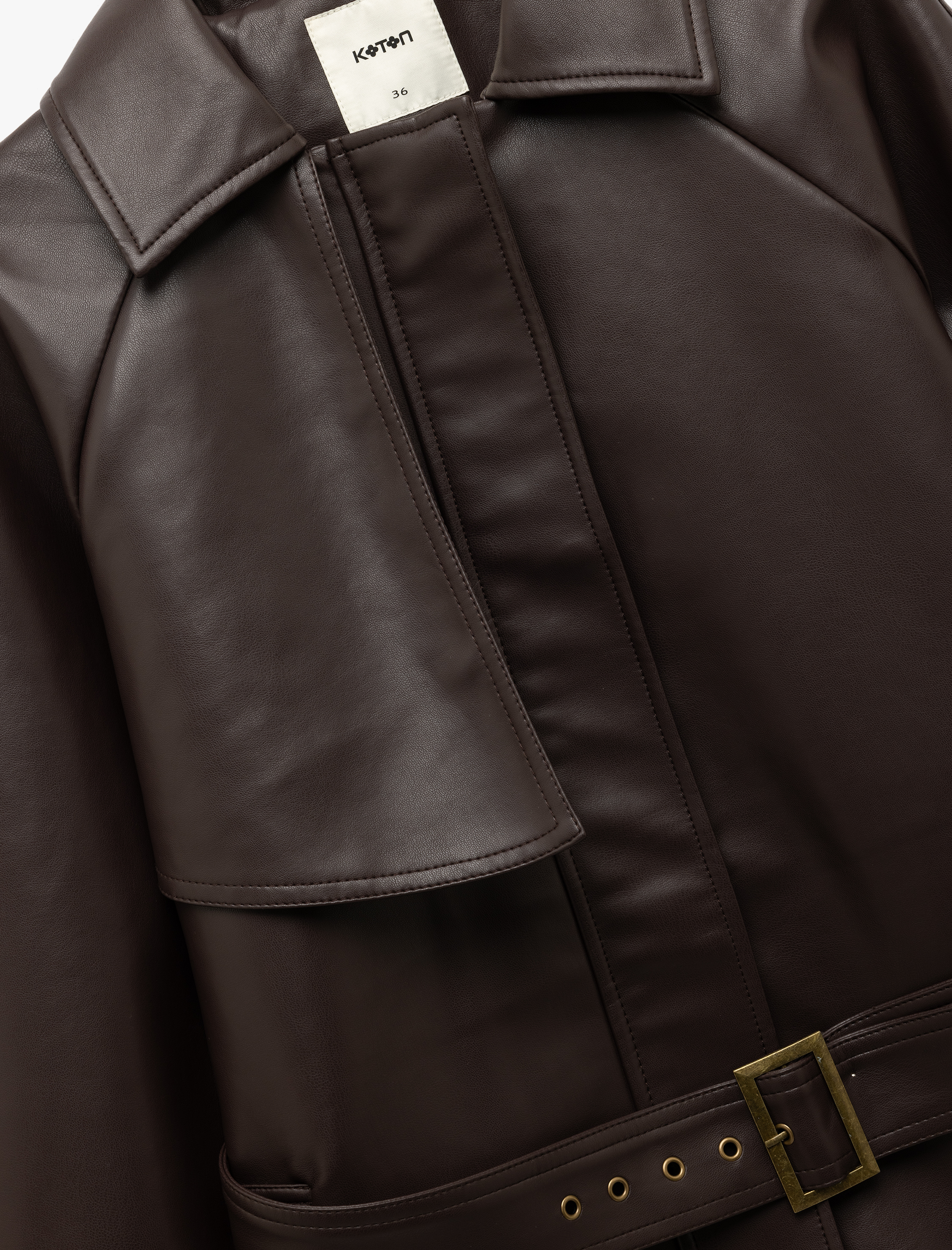   Rüzgar Kapak Detaylı Cepli Kemerli Uzun Kollu Suni Deri Ceket