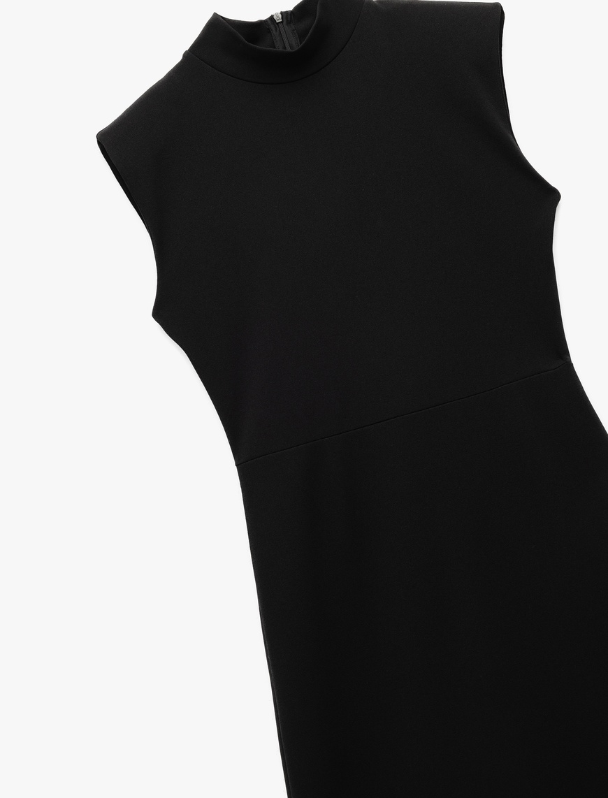   Scuba Krep Kumaş Slim Fit Dik Yaka Midi Boy Kolsuz Elbise