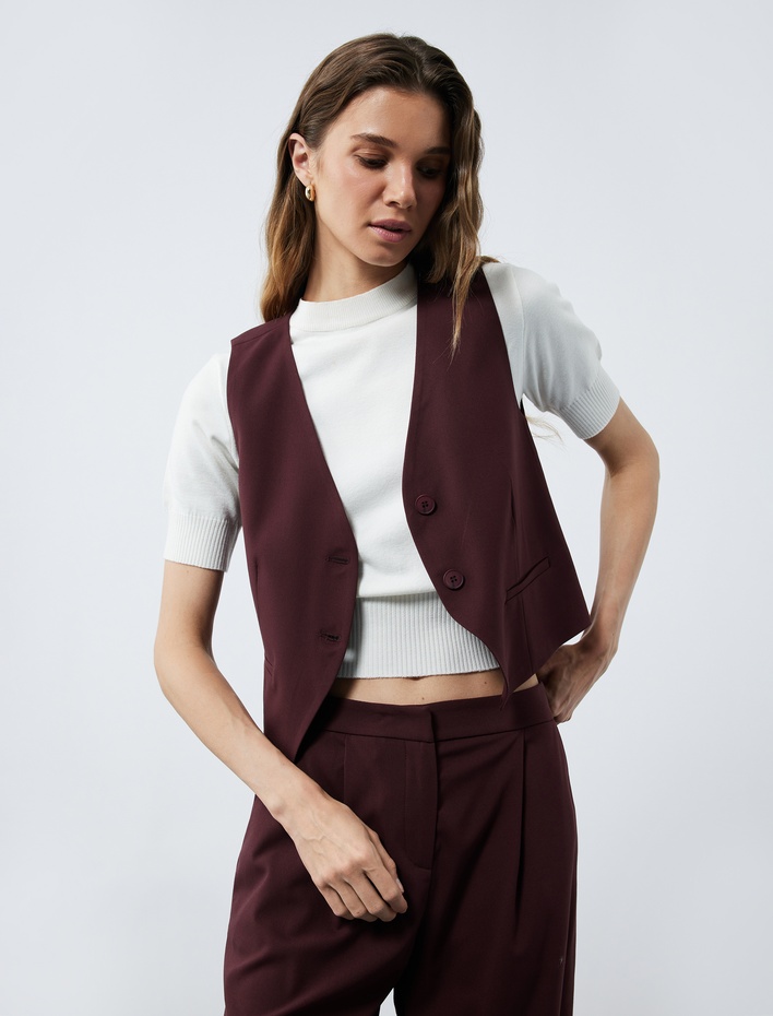  Astarlı Kolsuz Düğmeli V Yaka Blazer Yelek