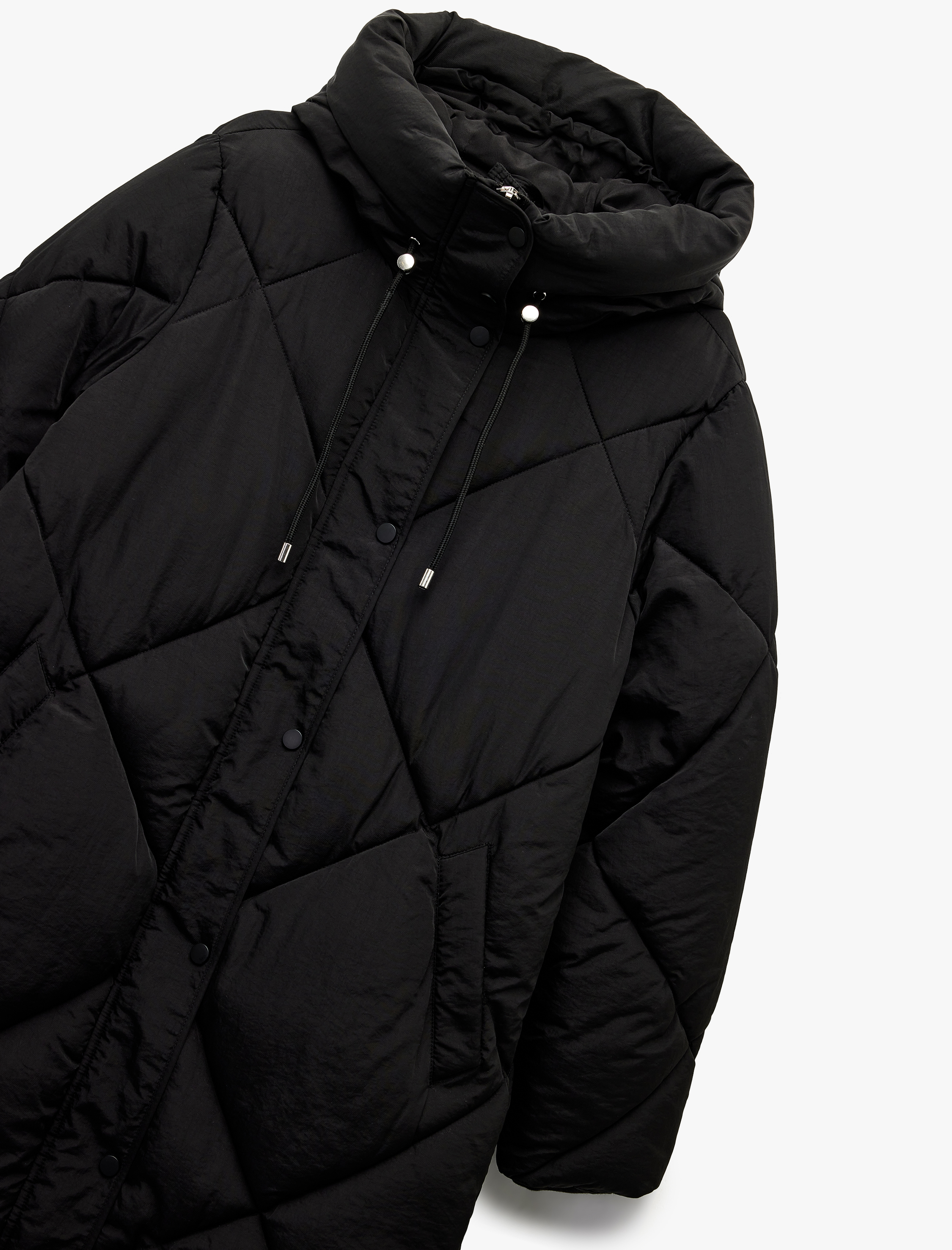   Kapüşonlu Fermuarlı Uzun Kollu Su İtici Ekstra Uzun Kapitone Oversize Şişme Anorak Mont