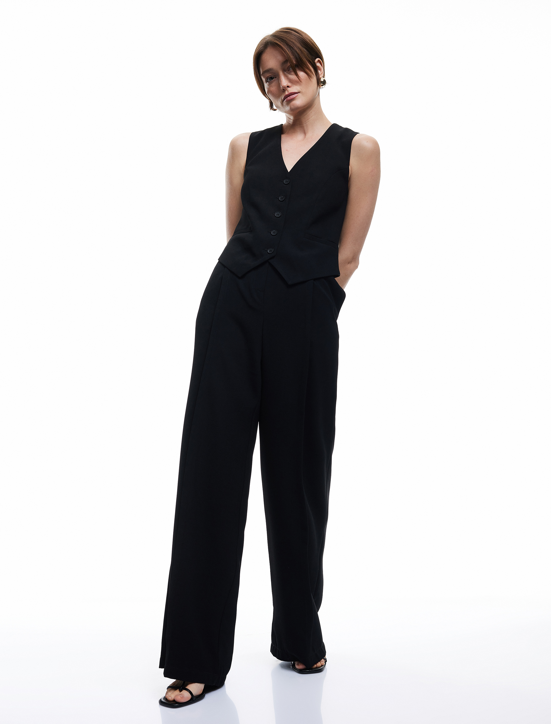   Krep Kumaş Astarlı V Yaka Düğmeli Blazer Yelek