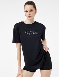 Kısa Kollu Bisiklet Yaka Modal Kumaş Baskılı Oversize Spor Tişört