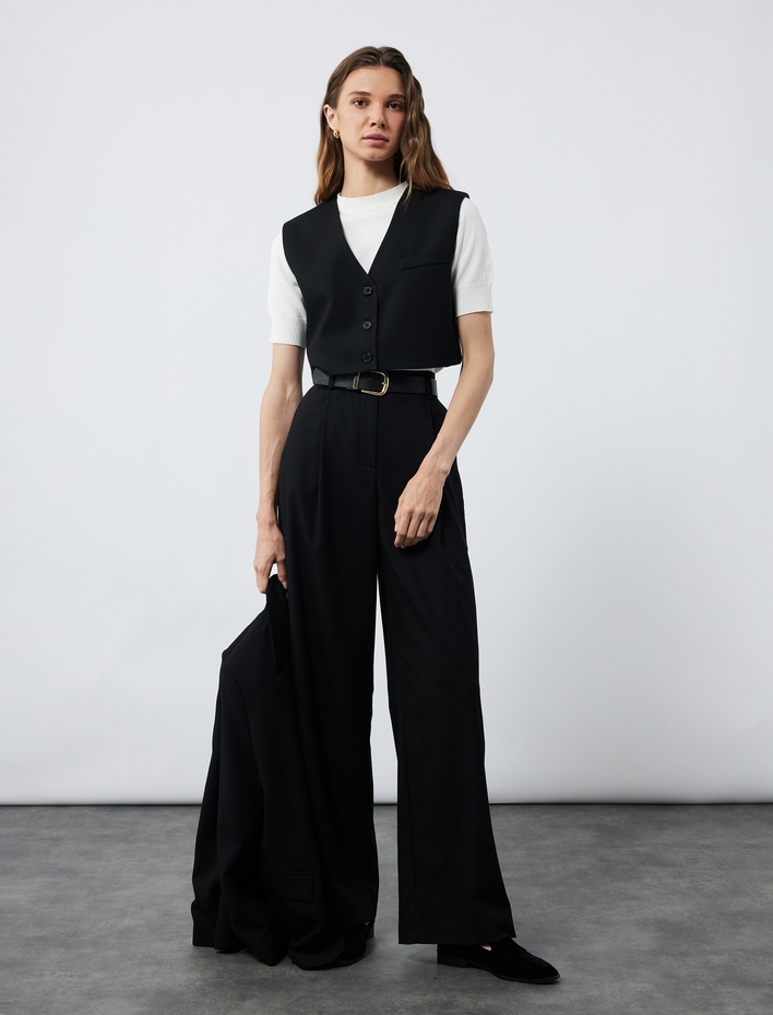  Pile Detaylı Cepli Düz Geniş Paça Palazzo Pantolon