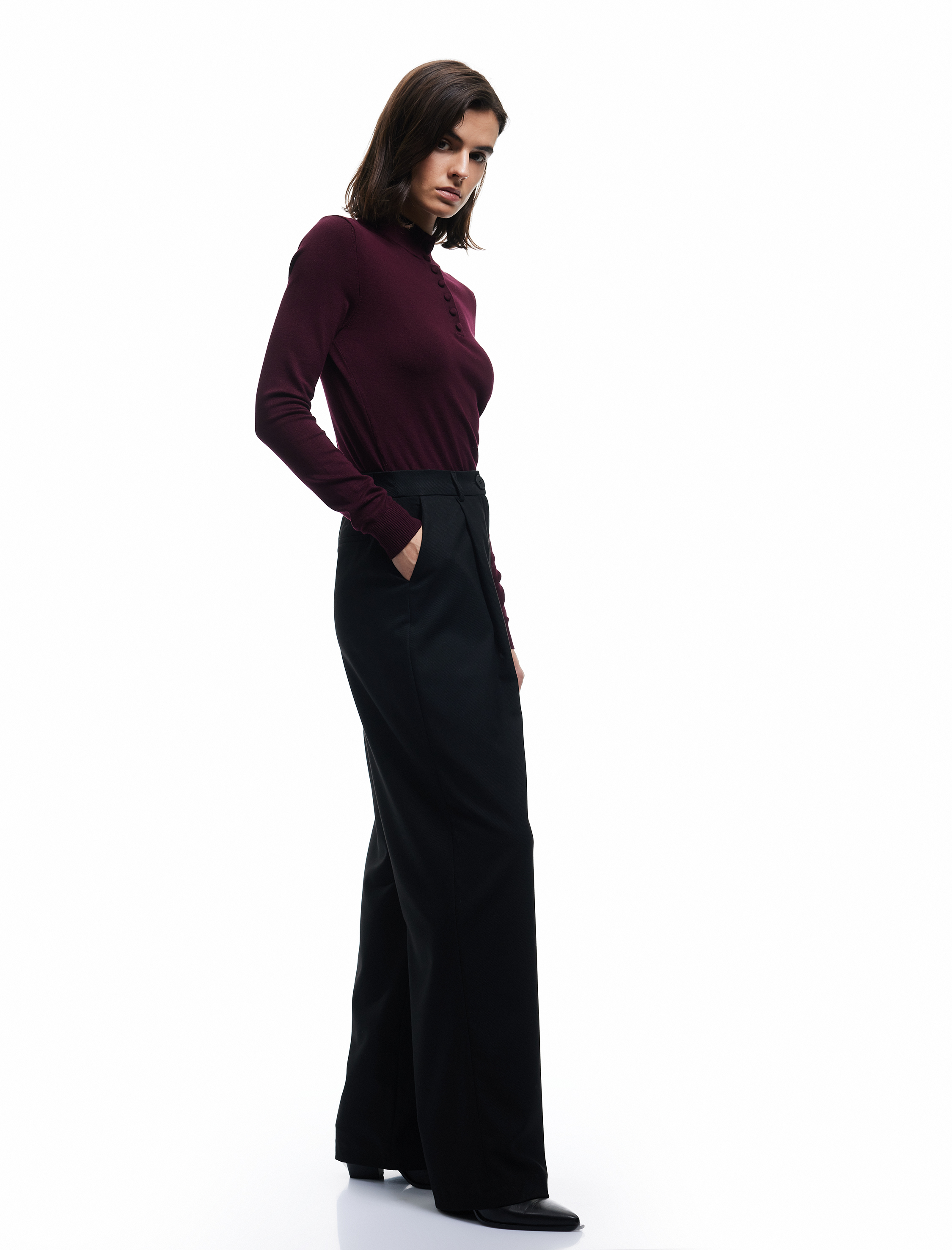   Pile Detaylı Cepli Düz Geniş Paça Palazzo Pantolon