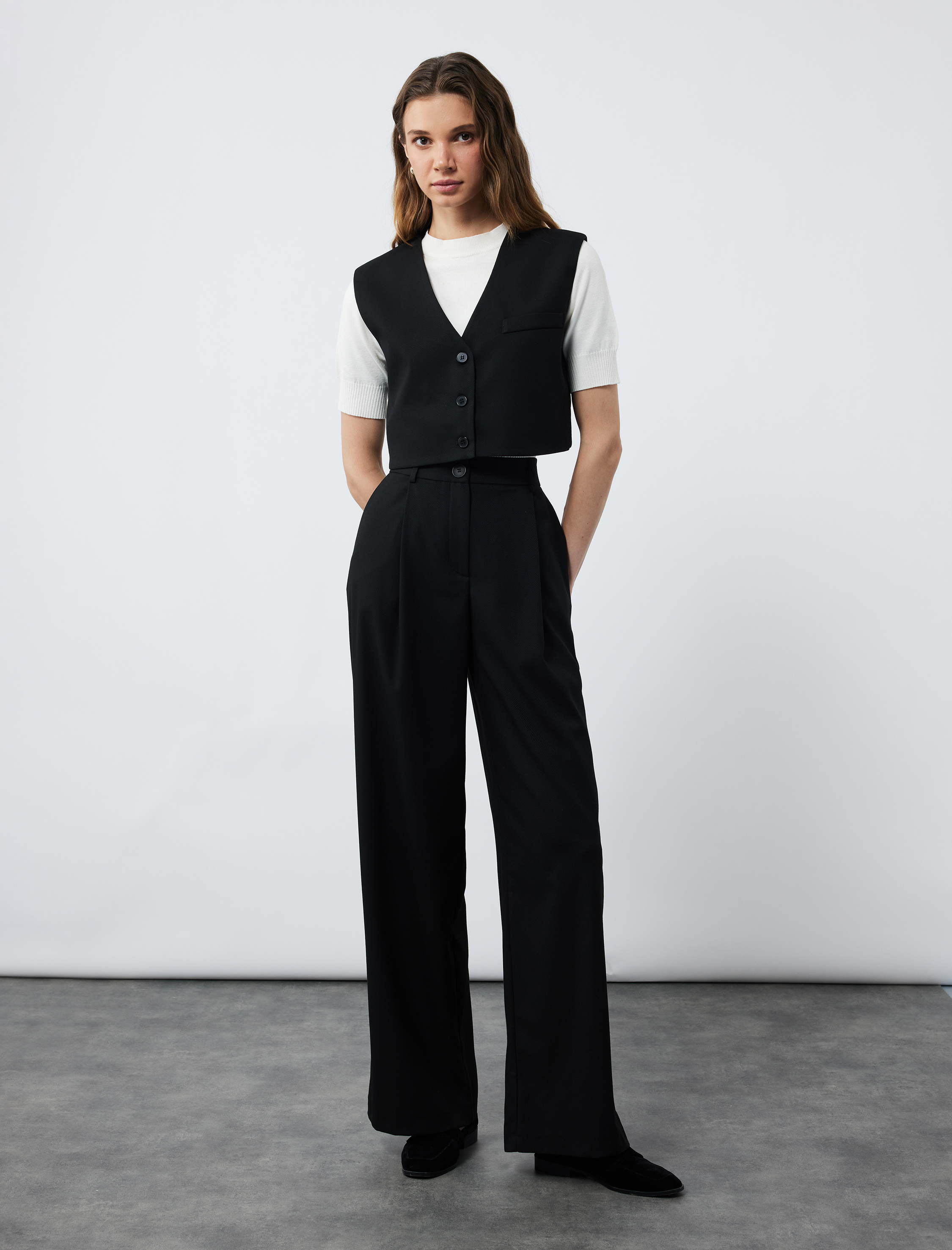   Pile Detaylı Cepli Düz Geniş Paça Palazzo Pantolon