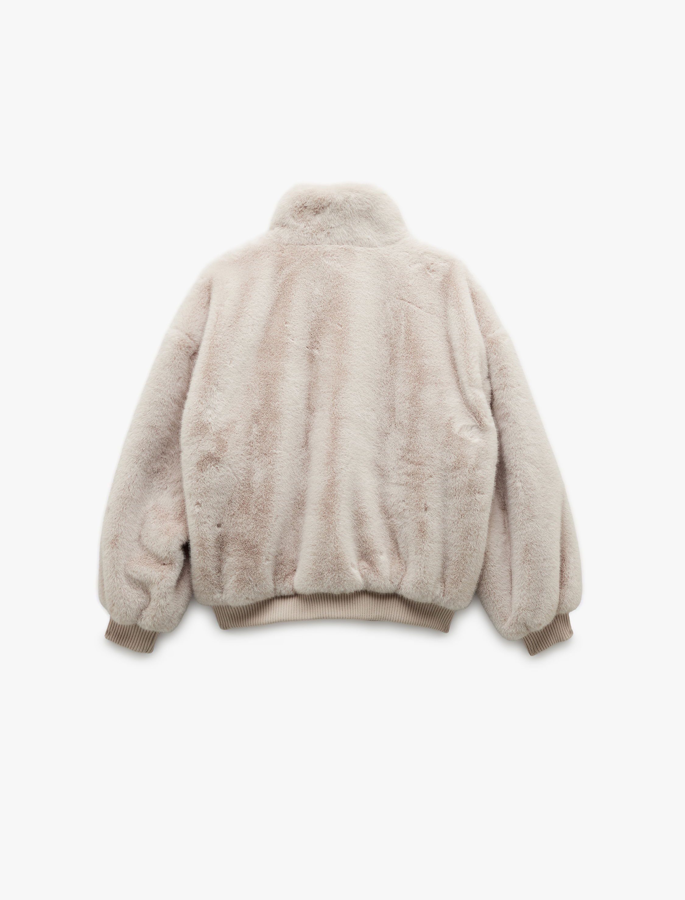   Fermuarlı Dik Yaka Cepli Suni Kürk Peluş Oversize Crop Mont