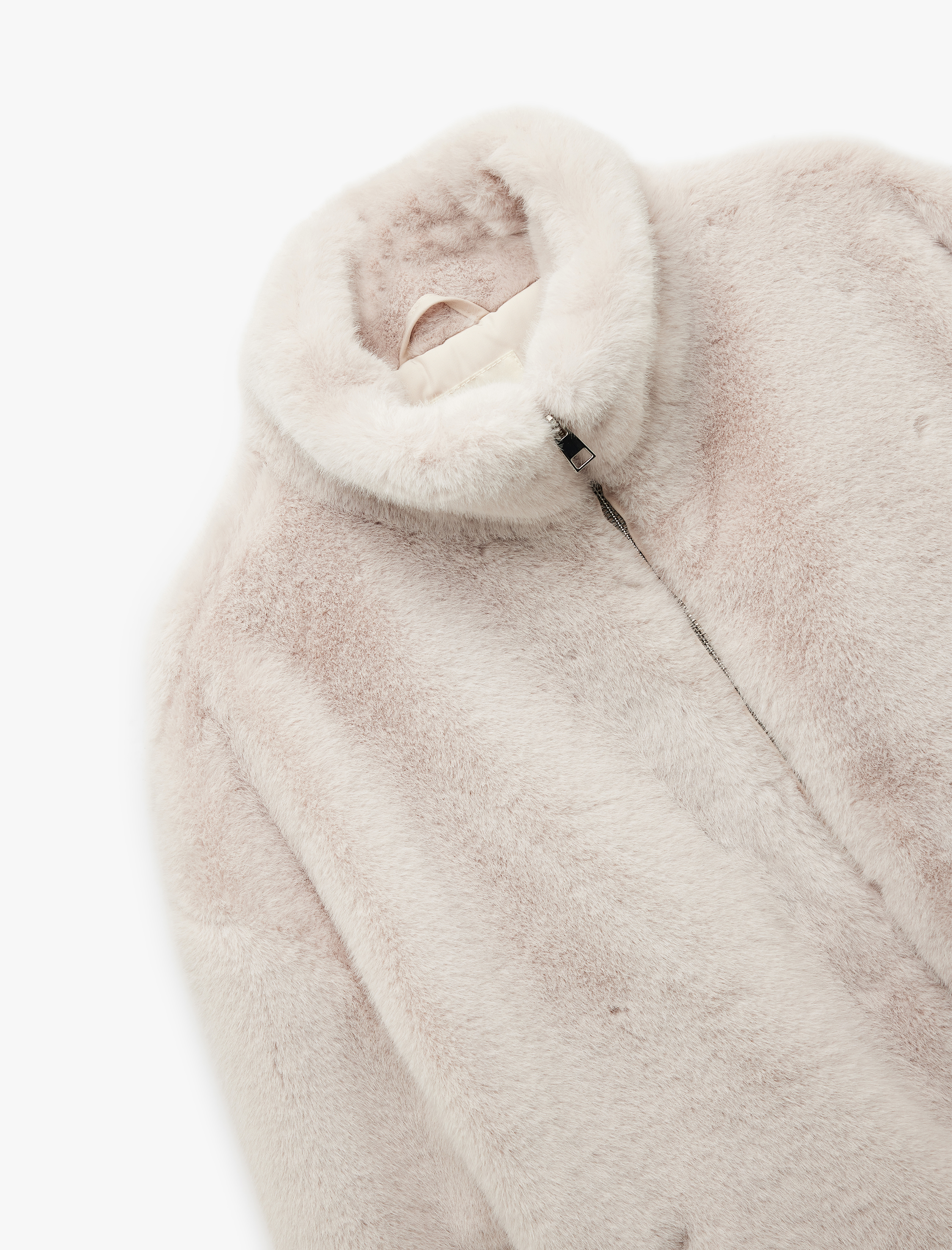   Fermuarlı Dik Yaka Cepli Suni Kürk Peluş Oversize Crop Mont