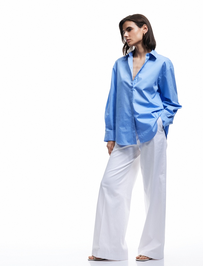  Pamuklu Düğmeli Uzun Kollu Oversize Gömlek