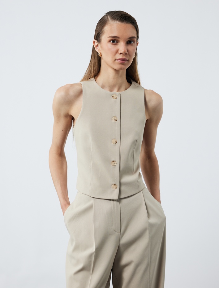  Astarlı Düğmeli Bisiklet Yaka Kolsuz Blazer Yelek