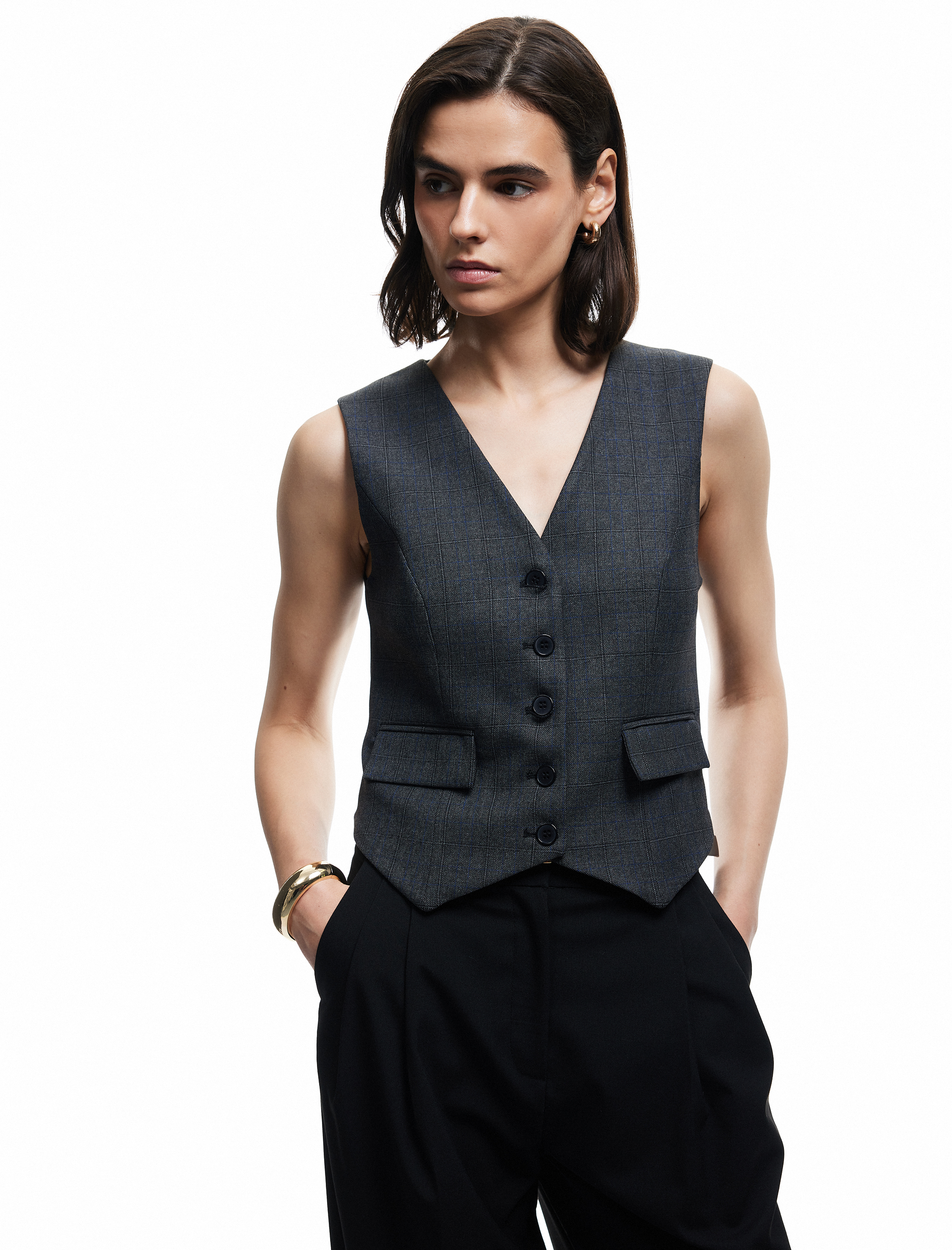   V Yaka Kolsuz Düğmeli Cepli Kareli Blazer Yelek