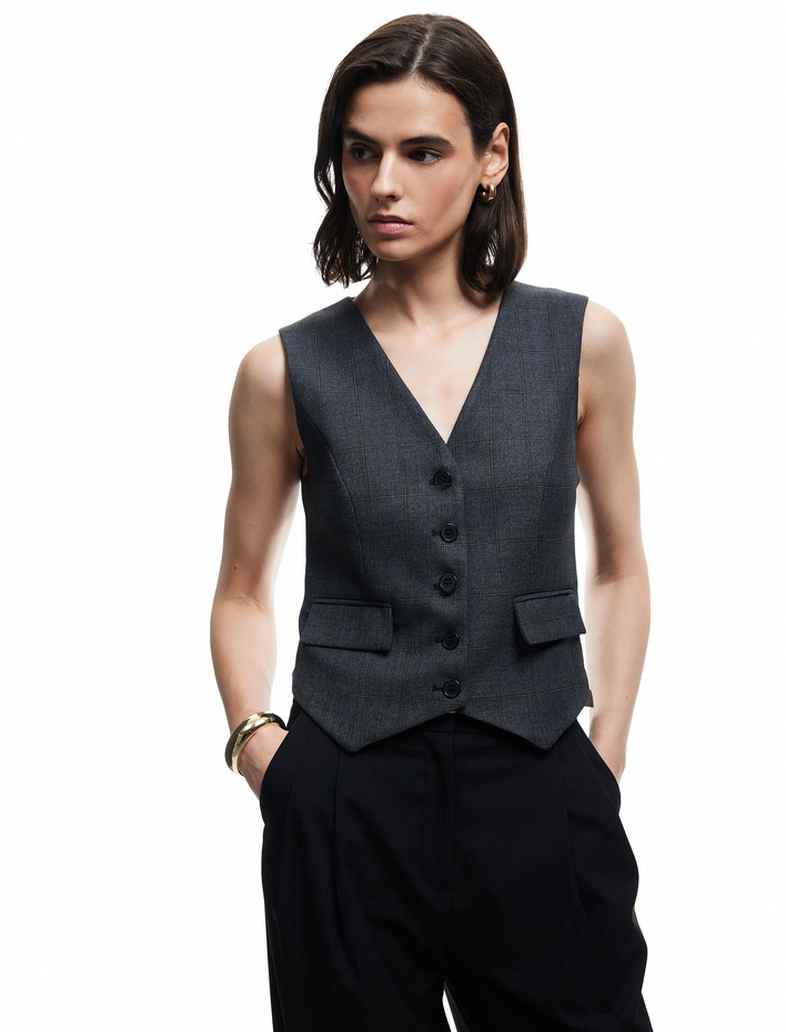  V Yaka Kolsuz Düğmeli Cepli Kareli Blazer Yelek