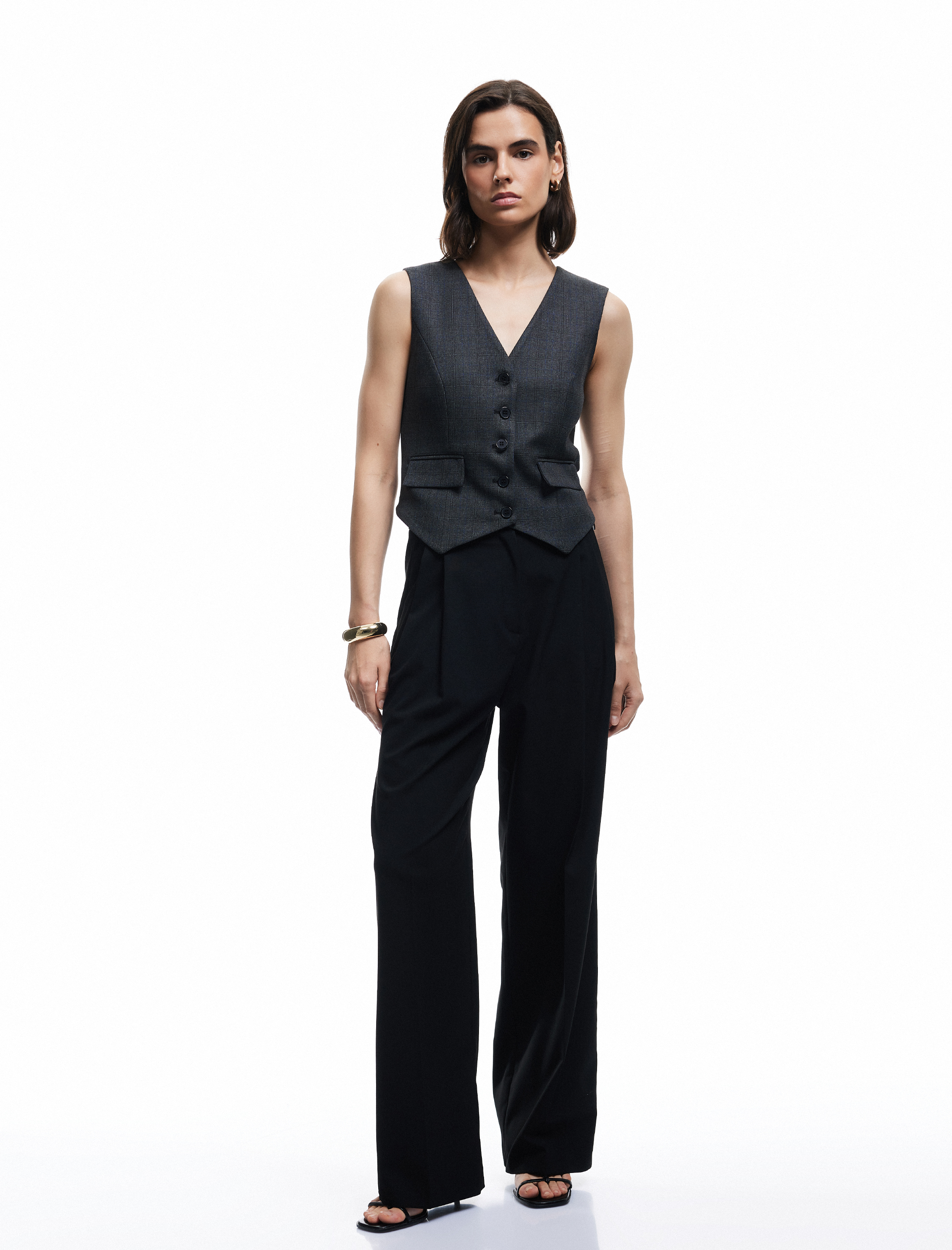   V Yaka Kolsuz Düğmeli Cepli Kareli Blazer Yelek